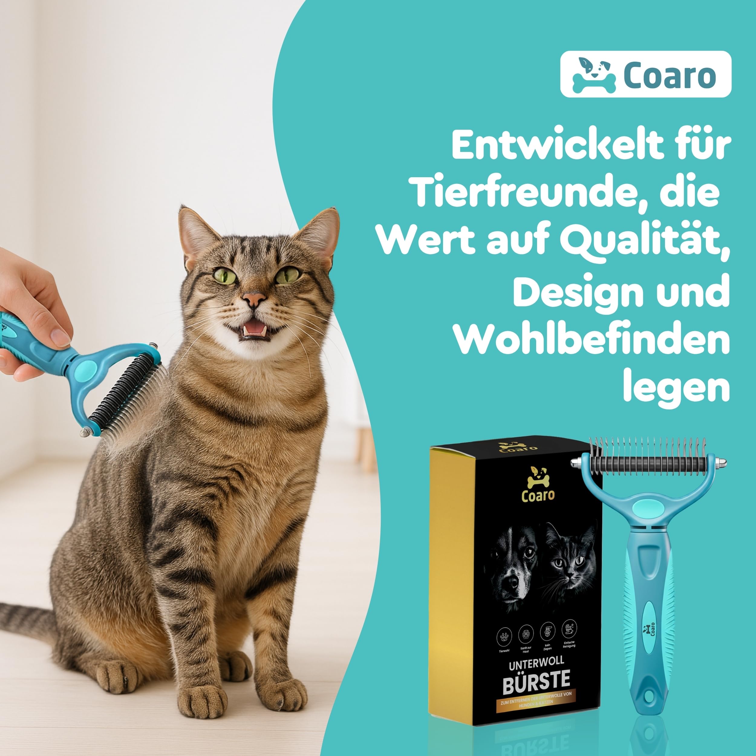 Unterwollbürste für Hunde und Katzen mit beidseitig geschliffenen Klingen für mühelose Fellpflege – rutschfester Komfortgriff für sicheren Halt – professionelle Fellbürste gegen lose Unterwolle