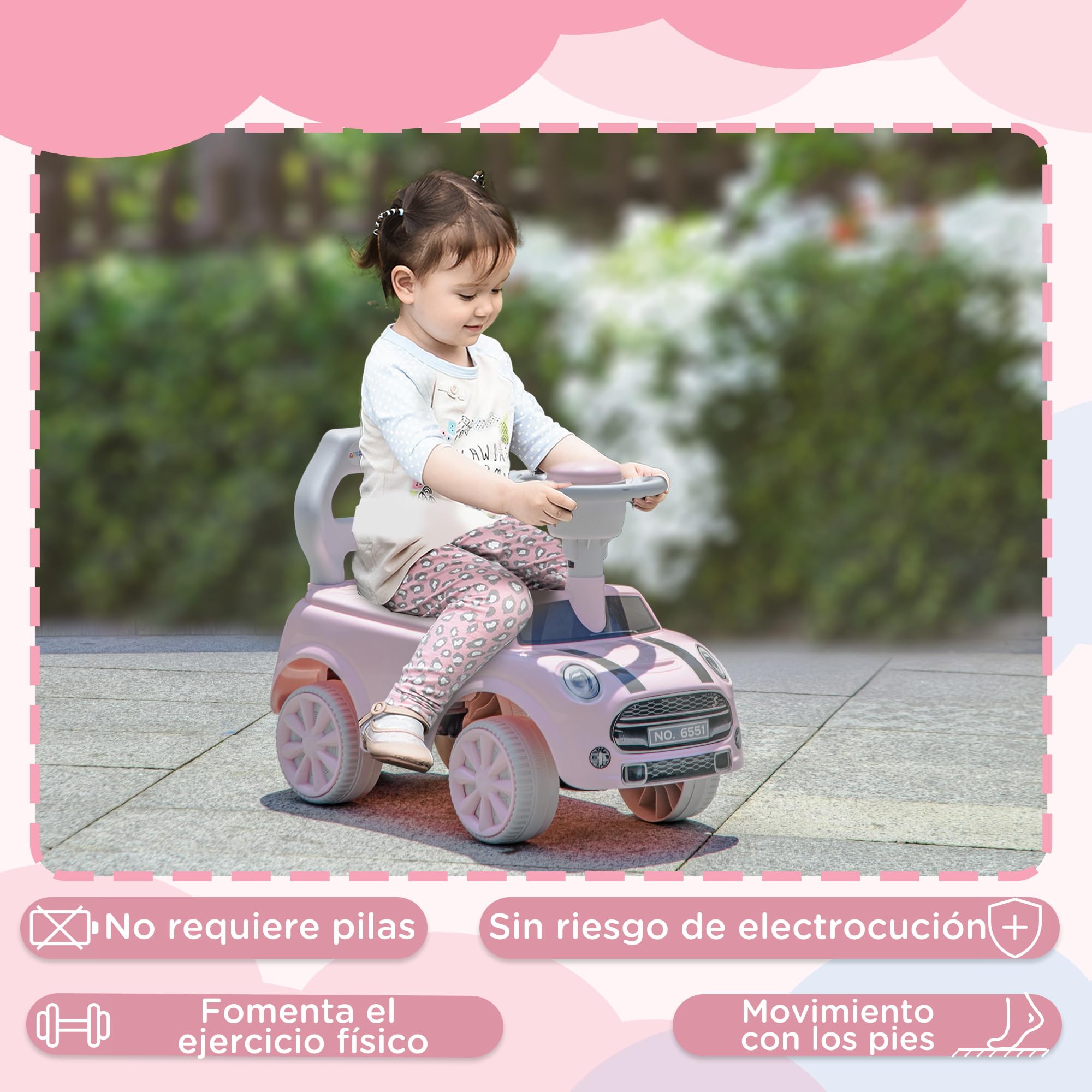 AIYAPLAY Correpasillos para Bebés de 18 a 36 Meses Coche Correpasillos con Volante Bocina y Sistema de Antivuelco Carga 25 kg 53x25x35 cm Rosa
