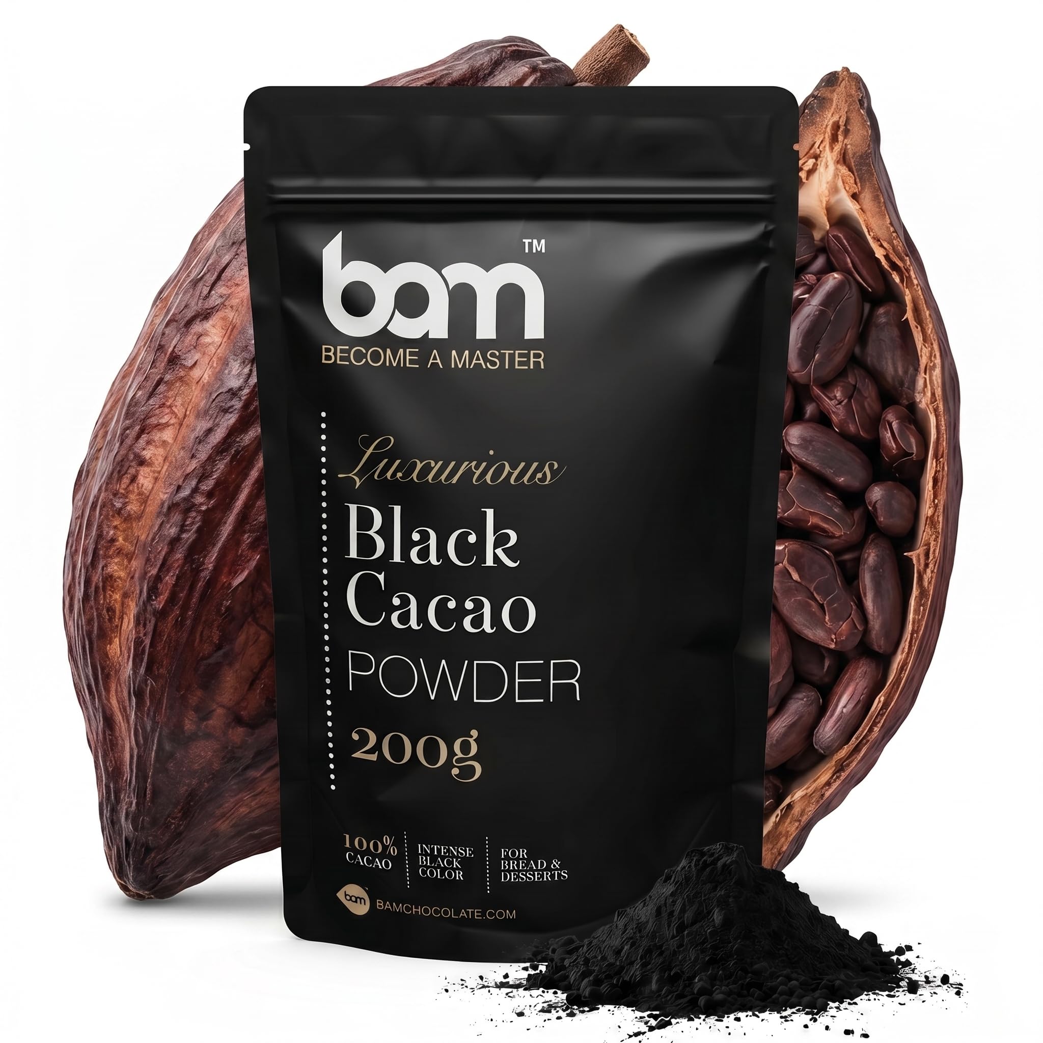 BAM Cacao Negro en Polvo 200 g, Cacao Puro y Desgrasado sin Azúcar para Repostería – Sin Gluten, Vegano