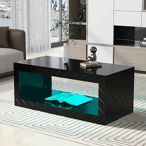 Miniatura 3 de Mesa auxiliar LED moderna, mesa auxiliar rectangular de alto brillo con luces LED de 16 colores, mesa de cóctel central con un espacio de