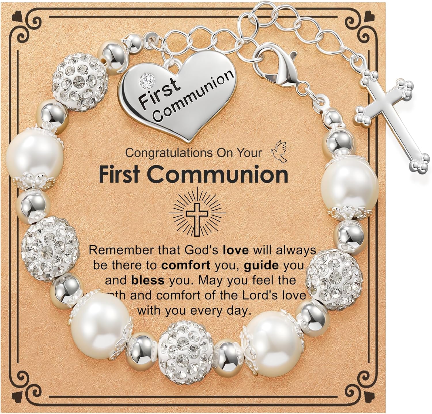 First Communion Confirmation Baptism Cross Bracelet for Girls, Catholic Jewelry Gifts for Kids Daughter Goddaughter Granddaughter 6+2 Inches