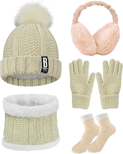 CheChury Winter Hat Scarf and Gloves Set Warm Soft Fleece Inner Lining Knitted Socks Earmuffs Beanie Hat and TouchScreen Gloves Winter Combo Set for Unisex Outdoor Sports 3/5 PCS