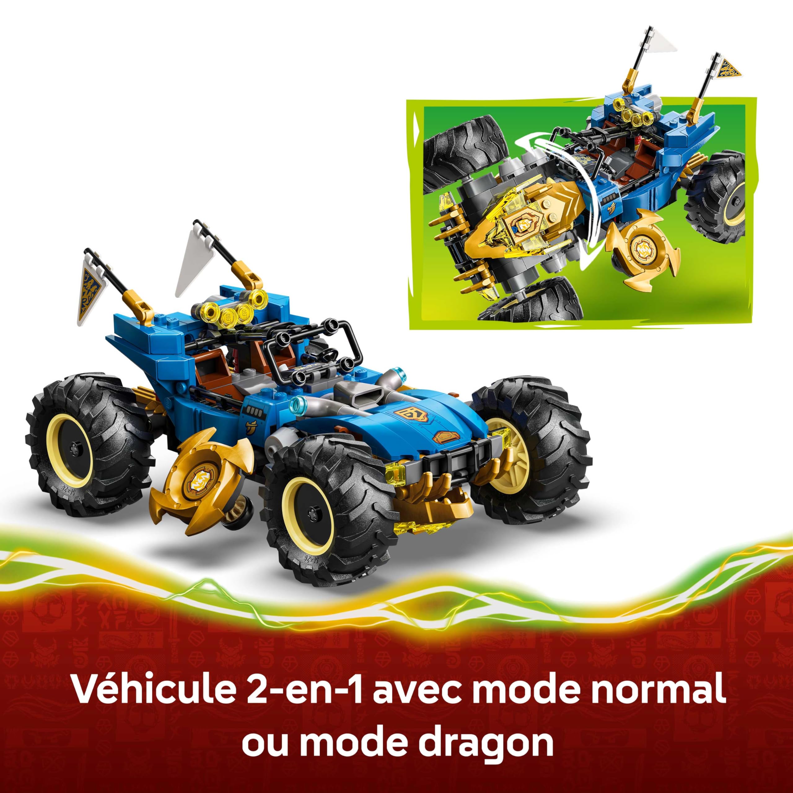 LEGO Ninjago 2-en-1 La Voiture Transformable de Jay - Camion Ninja avec 5 Minifigurines Dont Kai & NYA - Shurikens & Sabres - Cadeau d'anniversaire pour Garçon dès 8 Ans & Fans 71856