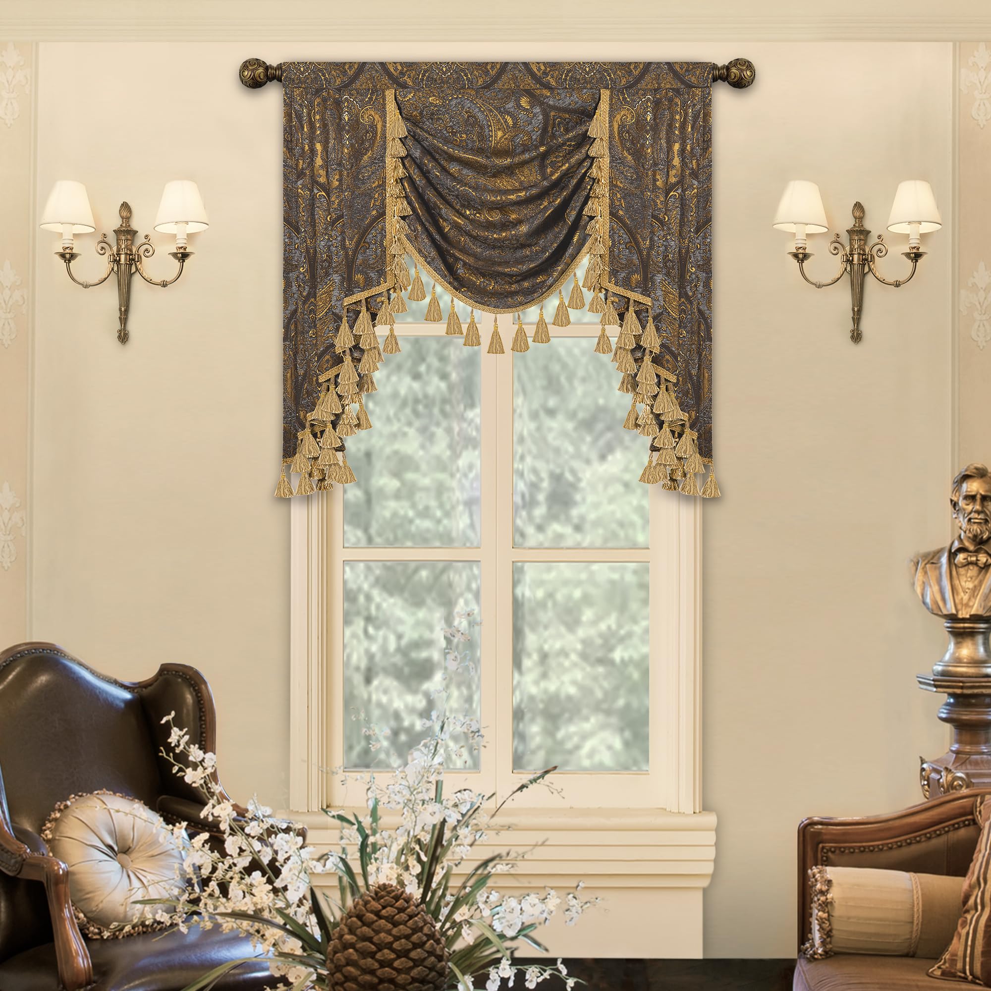 Loom and Mill Luxury Jacquard Waterfall Valance for Living Room, Classic Antique Swag Window Valances with Tassels, Bronze Gold Swag Curtains for Bedroom Banquet Holiday Decoration(W39Inch,1 Panel)