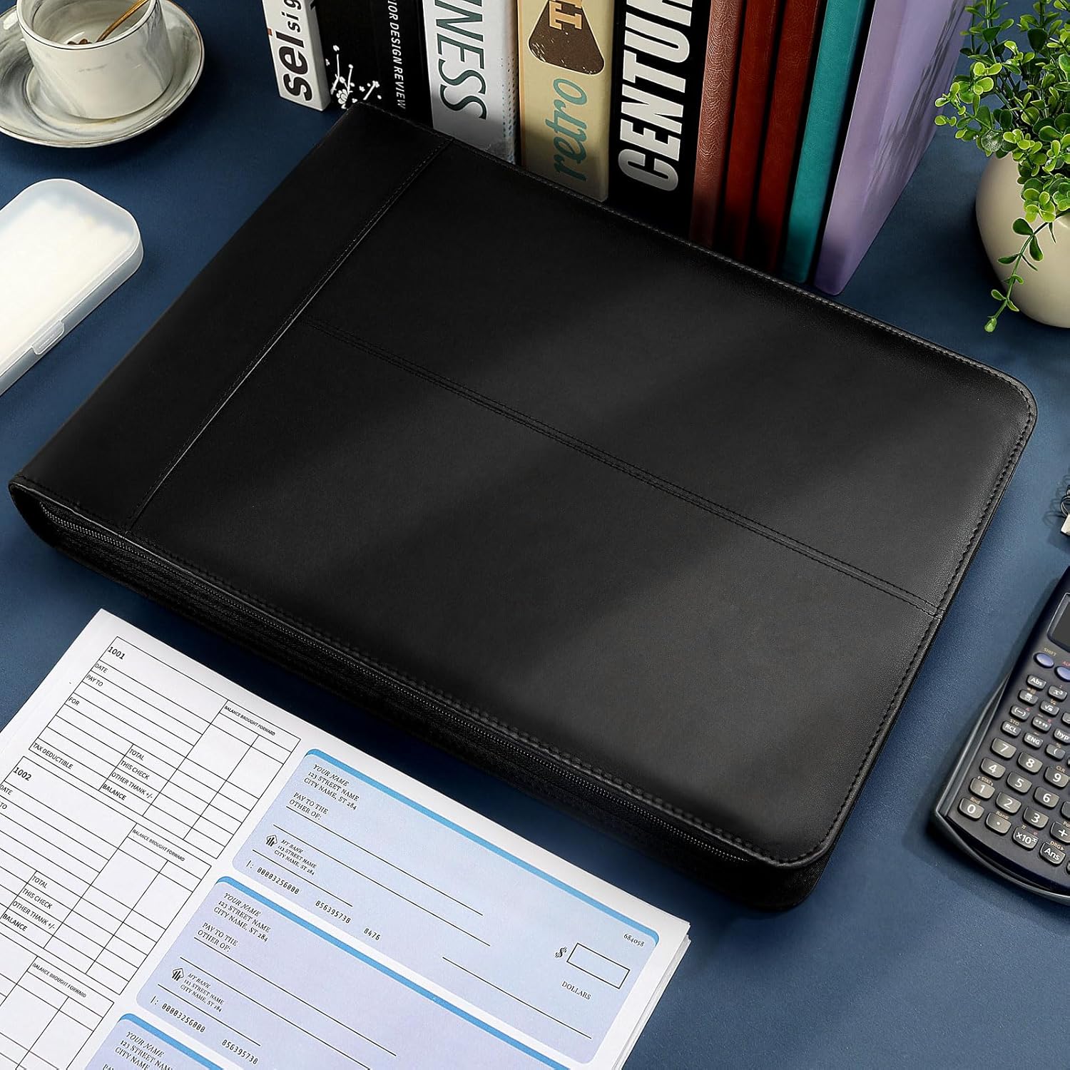 SUNEE Zippered Business Checkbook Binder 7 Ring 1 Inch with Zipper for Business Checks (9" x 13"), PU Leather Check Binder Holds 600 Checks Capacity for Executive Supplies, Black