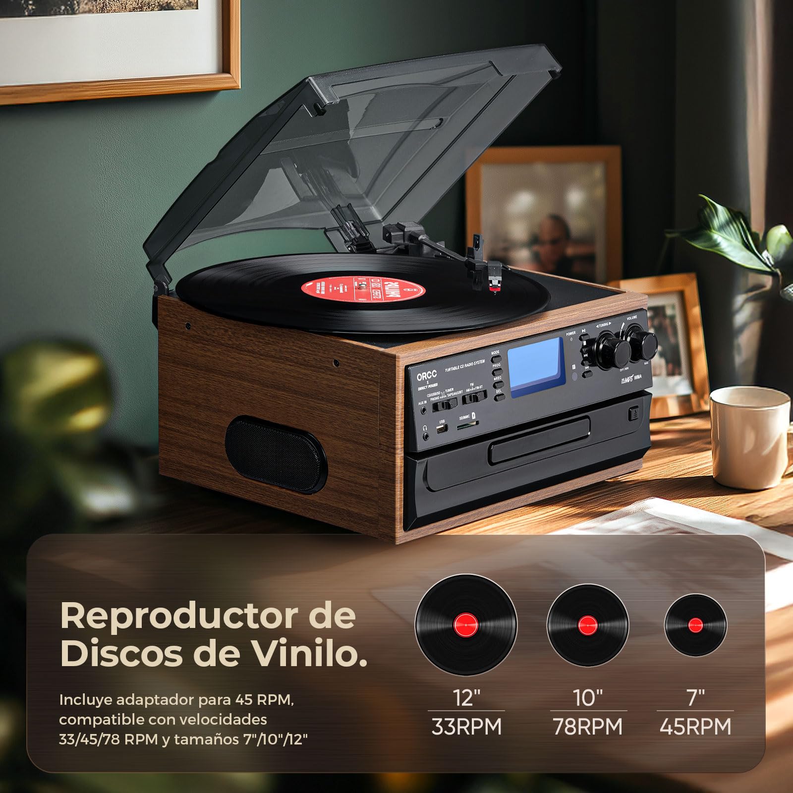 ORCC Tocadiscos Bluetooth 10 en 1 para discos de vinilo con altavoz, casete de CD de vinilo AUX a MP3 USB/SD codificación convertido, radio, conector de auriculares, RCA, control remoto