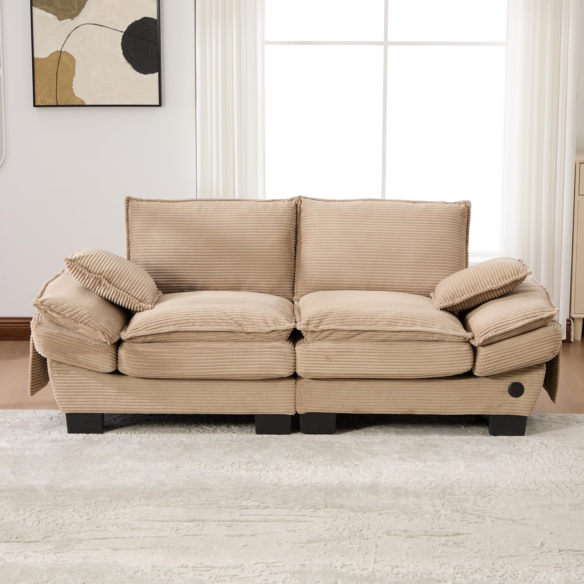Sofá Cama con Respaldo y Almohada para Salón, Sofá Doble con Cómodos Cojines y Reposabrazos, Sofás con Bolsillos Laterales para Dormitorio Apartamento, Sofás Modular, Pana (Caqui)