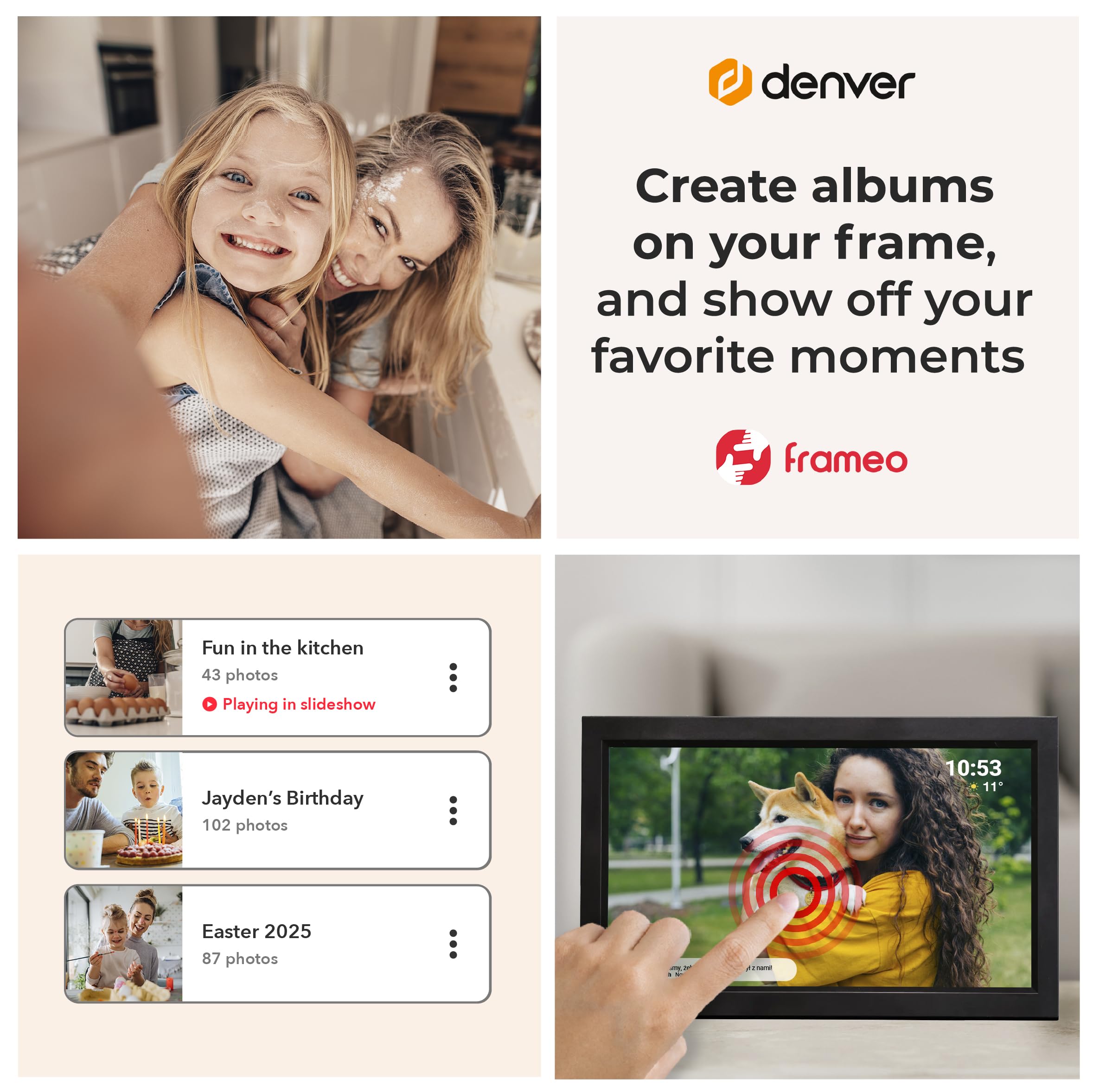 Denver Frameo Marco Digital WiFi 15,6 Pulgadas, Pantalla Full HD IPS táctil 1920 x 1080, 16 GB, App Frameo, Color Negro