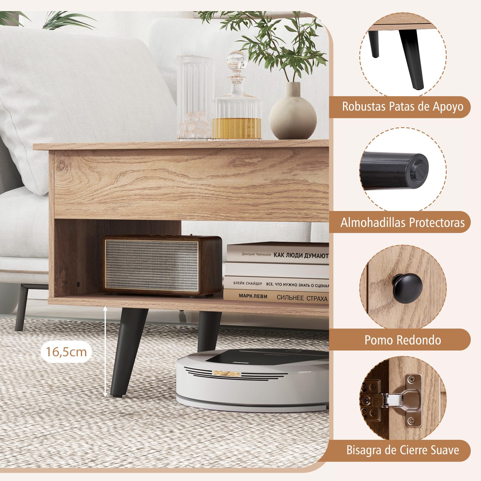 COSTWAY Mesa de Centro Elevable, Mesa de Café con Tablero Elevable, Gabinete, Compartimento Oculto y Estante Abierto, Mesita de Salón para Estudio y Oficina, 100 x 50 x 46-60 cm (Natural)