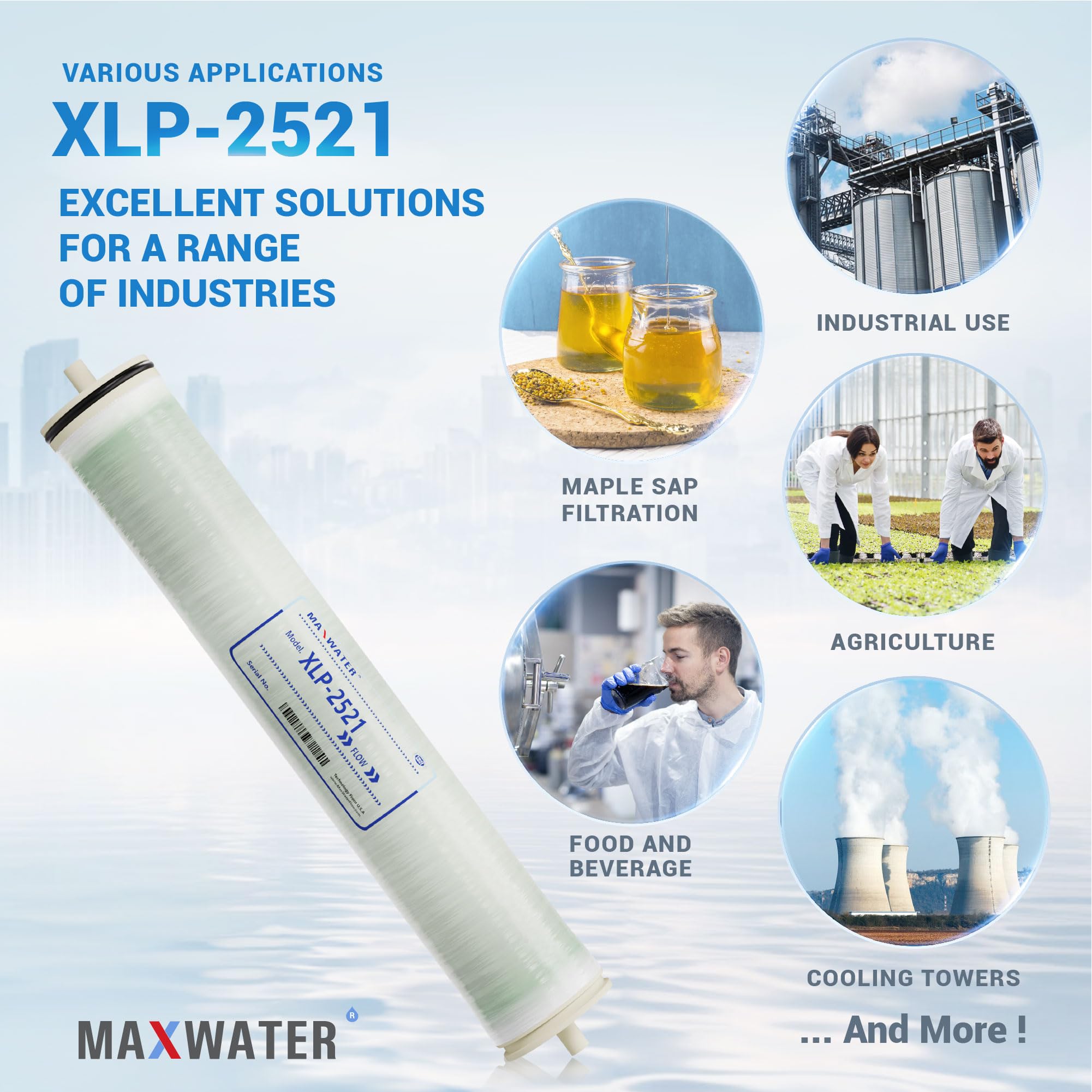 Max Water Elemento de membrana RO de presión ultra baja y presión extrema 2521-XLP-2521: tamaño 300GPD, 2.5 x 21 pulgadas, bueno para industria, agrícola, toda la casa y más