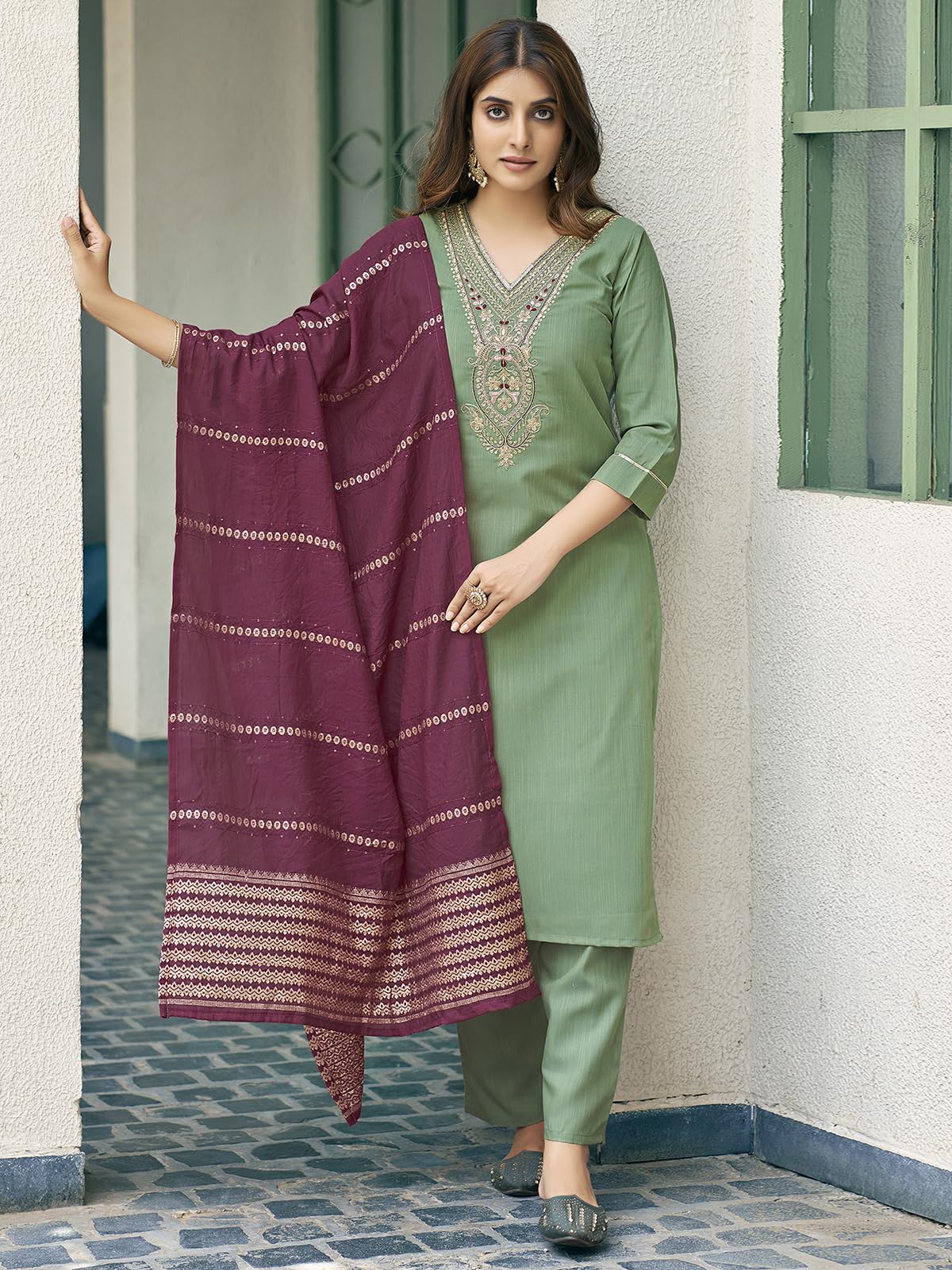 Sanisa Women's Cotton Blend Sequence Embroidery Work Straight Kurta With Pant And Dupatta Set| Ethnic Set | Suit Set | Kurta Set(166Kbd1783N-S_Pista Green)
