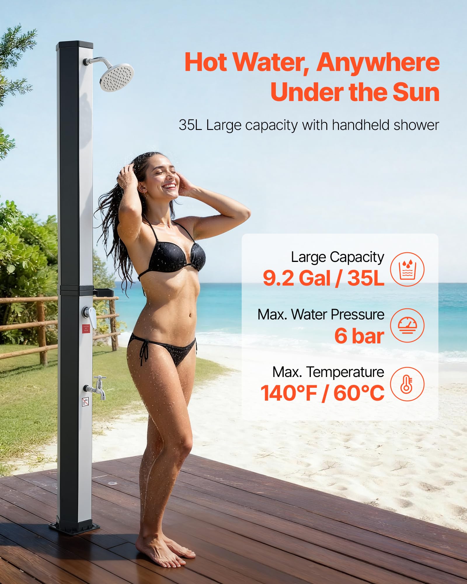 VEVOR Douche Solaire 35 L Douche Extérieur Solaire Autoportante pour Jardin Piscine Plage, Hauteur Pommeau 1,95 m, avec Robinet Lavage des Pieds, Porte-Savon, Réglage Eau Chaude Froide, Noir Argenté