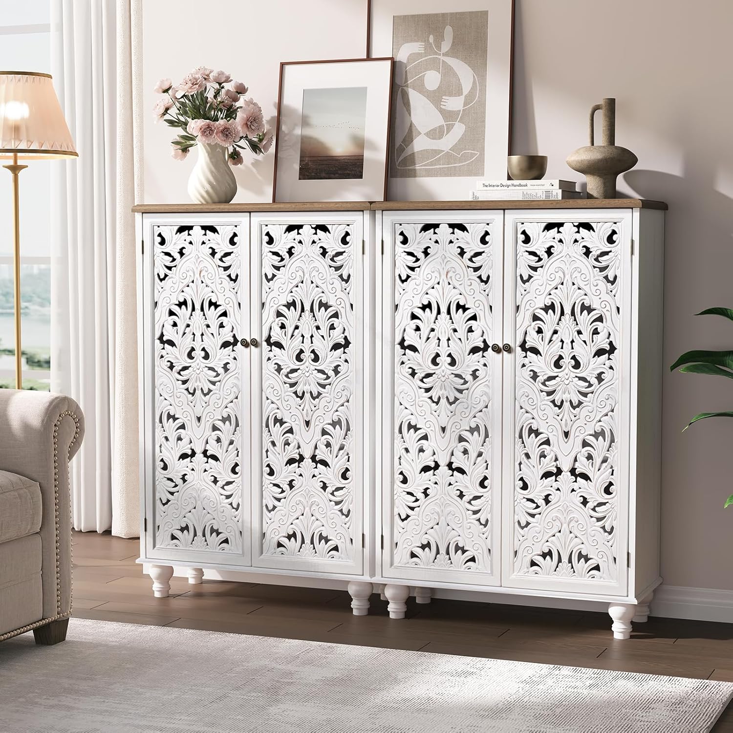 47" Tall Accent Cabinet with Carved Doors, Distressed White Wood Storage Cabinet with 3-Tier Shelves, Boho Farmhouse Sideboard Buffet for Small Spaces, Entryway & Living Room