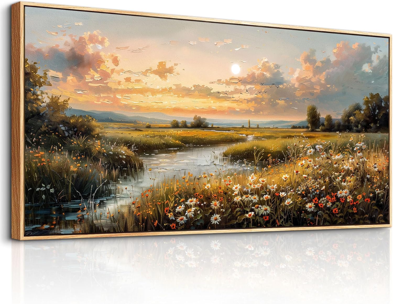 FUHAIHUA Large Wood Framed Wall Decor For Living Room Canvas Wall Art For Office Modern Wall Decorations For Bedroom Sunset Landscape Painting Farmhouse Pictures Artwork Room Home Decor 24x48 In