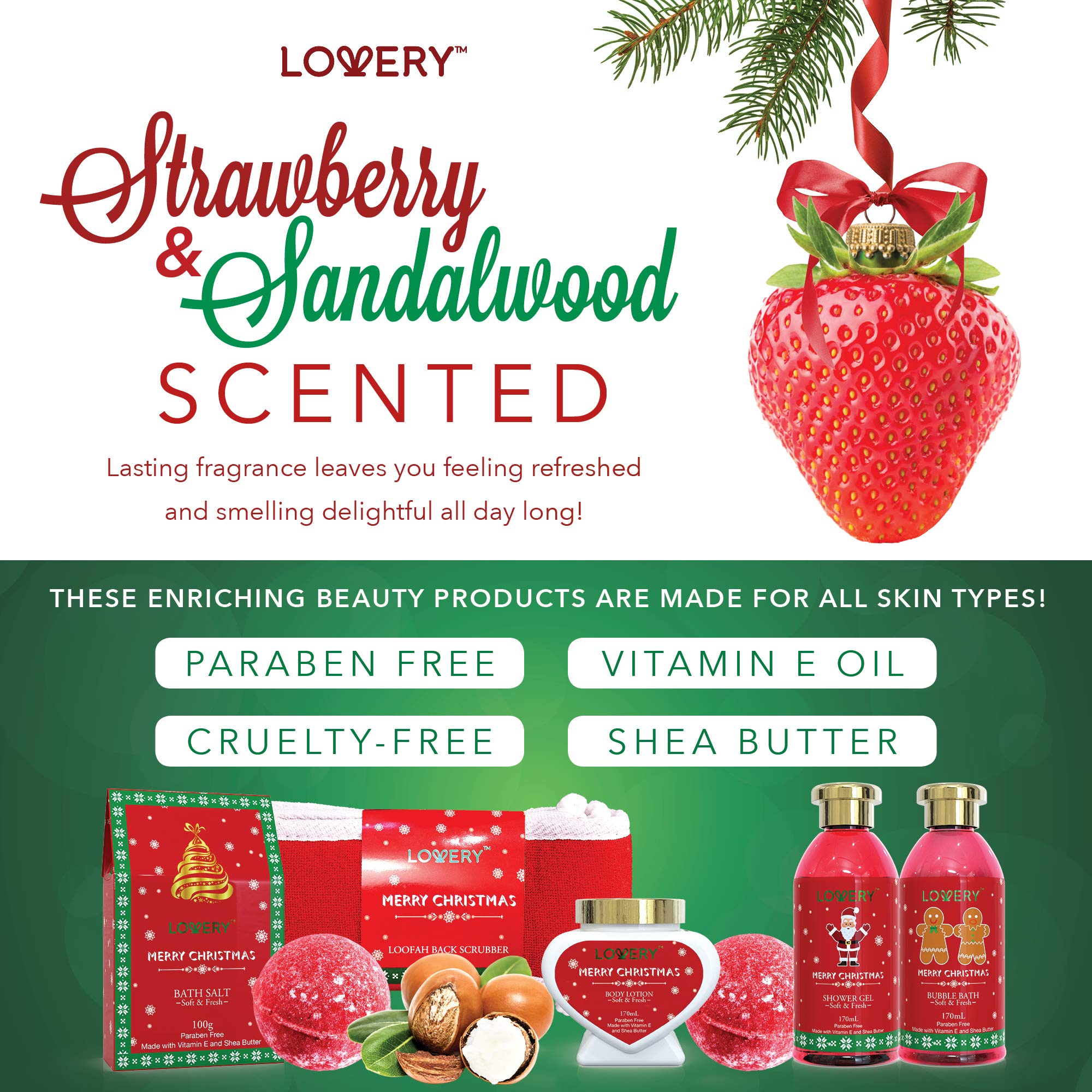 Bath and Body Christmas Gift Basket For Women – Strawberry & Sandalwood Fragrance - Holiday Home Spa Set, Includes Merry Christmas Body Lotion, 2 Oversized Bath Bombs, Bath Salt, Weaved Basket & More view 5