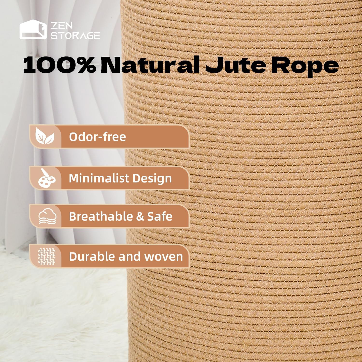 Jute Rope Laundry Hamper, Tall Woven Laundry Basket with Handles, Round Baby Laundry Hamper Aesthetic for Clothes Toys Blankets Pillows with Wooden Hanging Bead