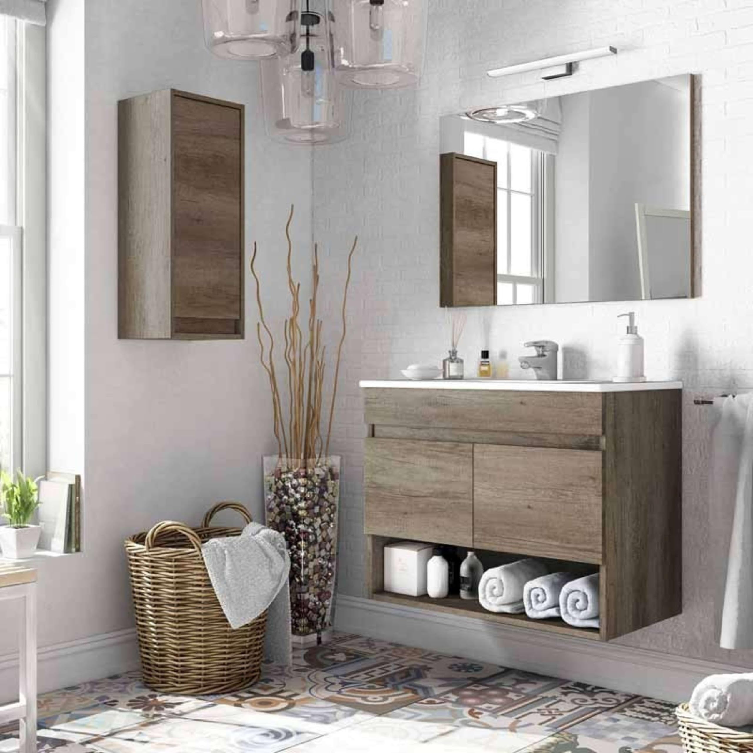 Pack de Muebles de Baño en Color Roble Nordik formado por Mueble de Baño, Espejo y Lavabo Cerámico (Tamaño de la Columna Opcional)
