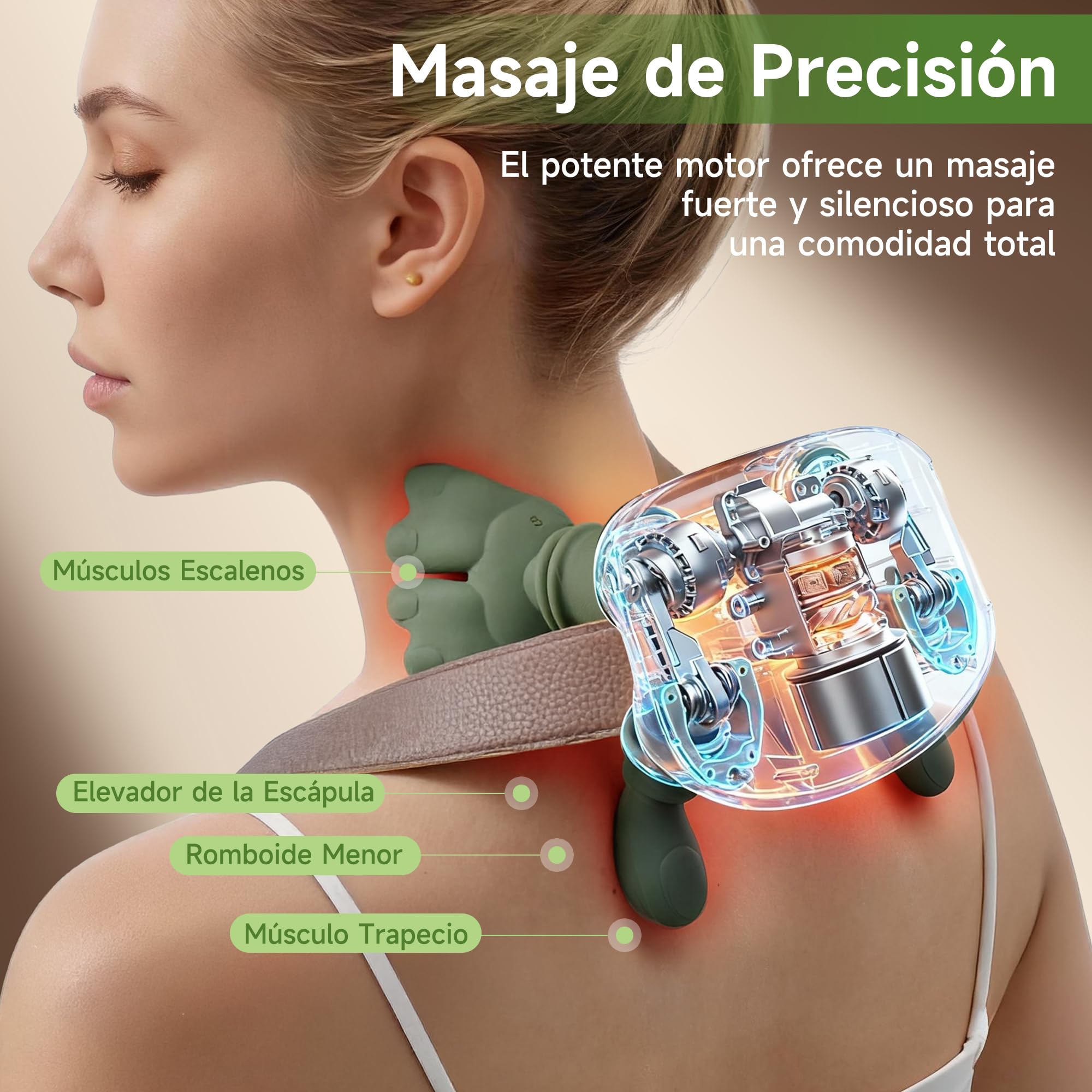 Masajeador Cervical y Espalda 4D a Mano Biónica, Masajeador Cuello Eléctrico con 3 Niveles de Intensidad y 2 Niveles de Calor (Verde)