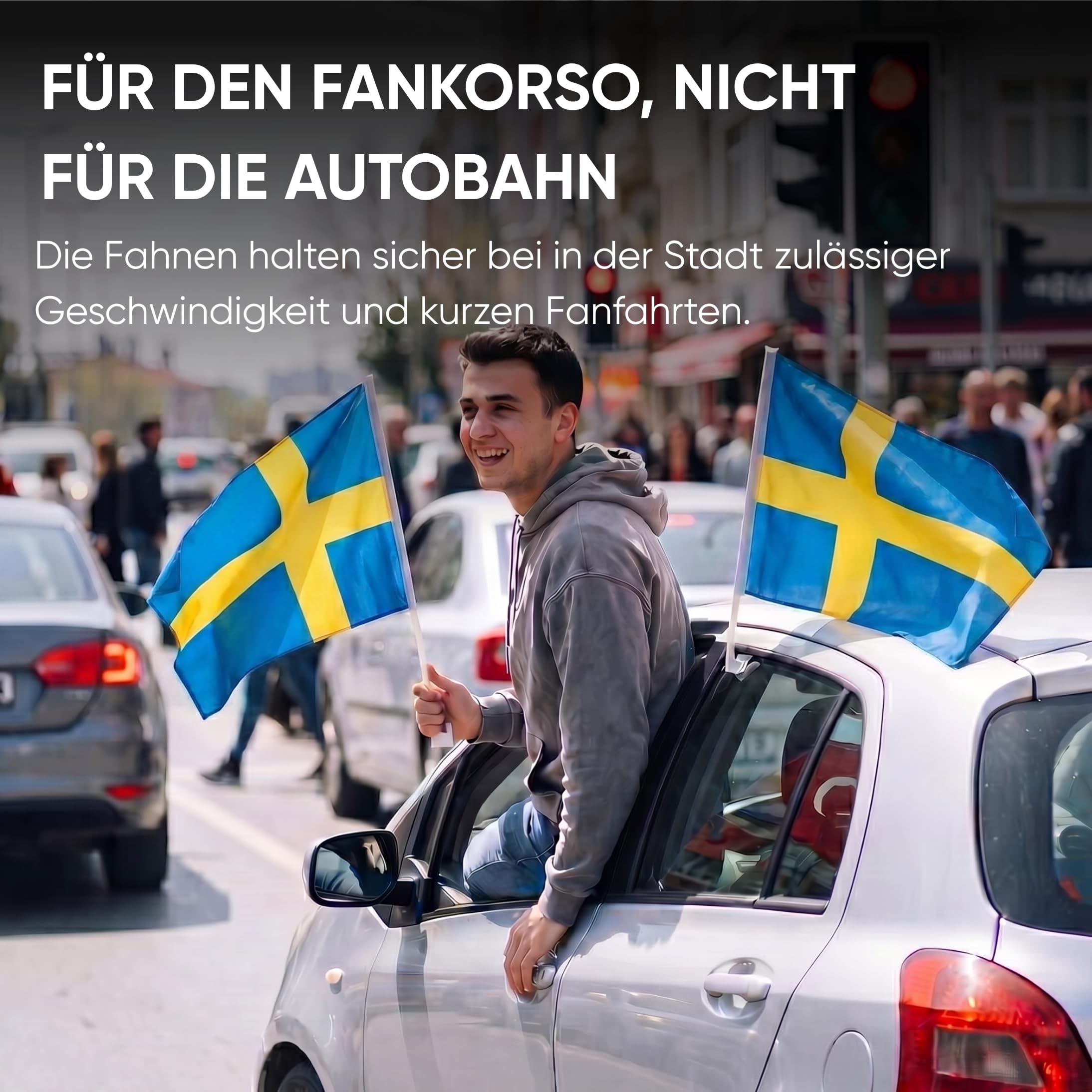 Auto Fahnen Schweden Komplett Set - Motorhaubenfahne, 2 Autofahnen Fenster & 2 Außenspiegelfahnen, Fußball Fanartikel FZG für EM & WM, Schwedische Flagge Fahrzeug Deko