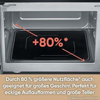 Severin MW 7777 3-in-1 Microwave with Glass Base Flatbed (Flat Cavity for Large Foods) Grill and Hot Air Function Microwave with Large Usable Surface for Square Tableware Black Stainless Steel