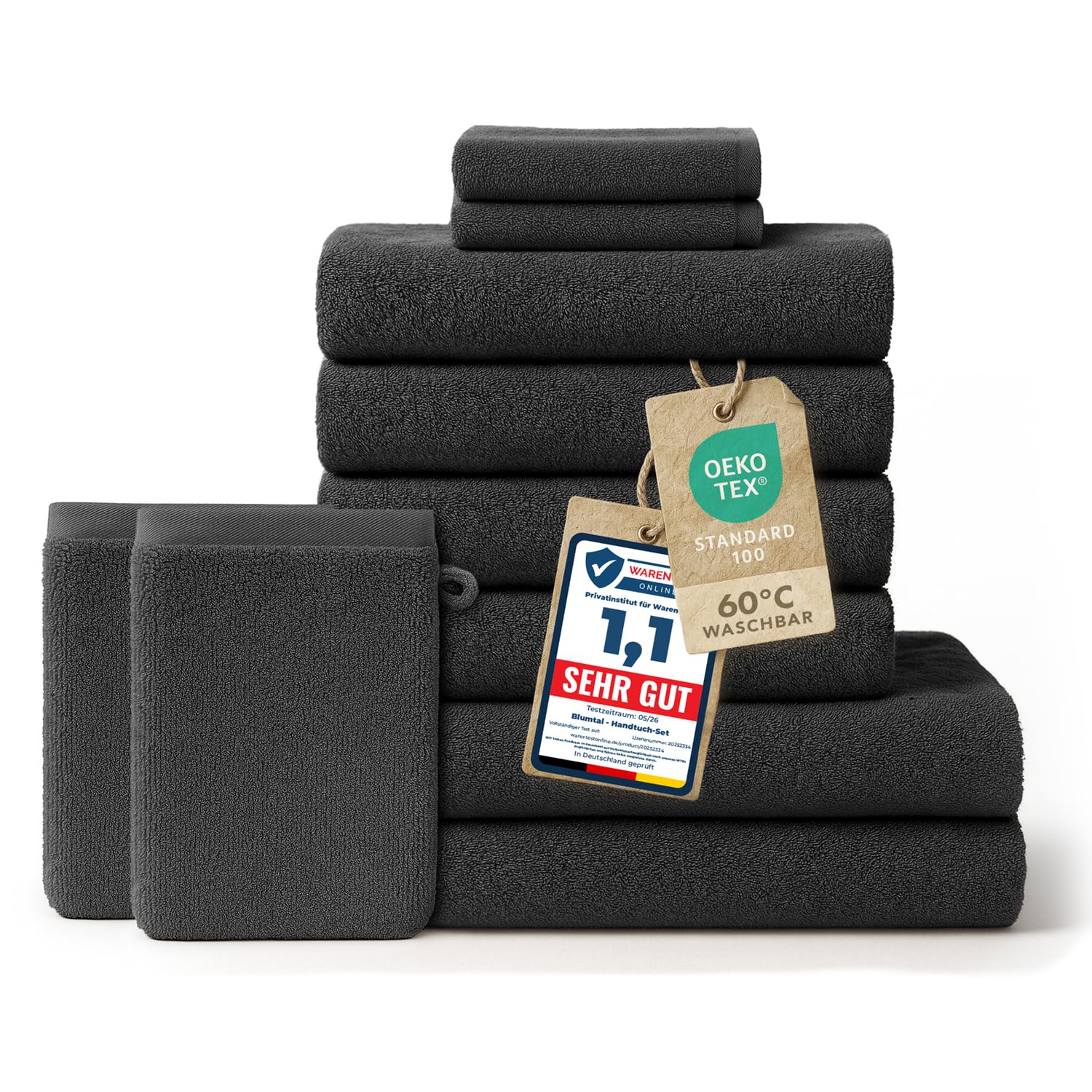 Blumtal Premium Frottier Handtücher Set 10-teilig, 100% Baumwolle, Oeko-TEX zert. – 2X Badetuch 70x140cm, 4 Handtücher 50x100cm, 2X Gästehandtuch 30x50cm, 2 Waschlappen 15x20cm – Anthrazit