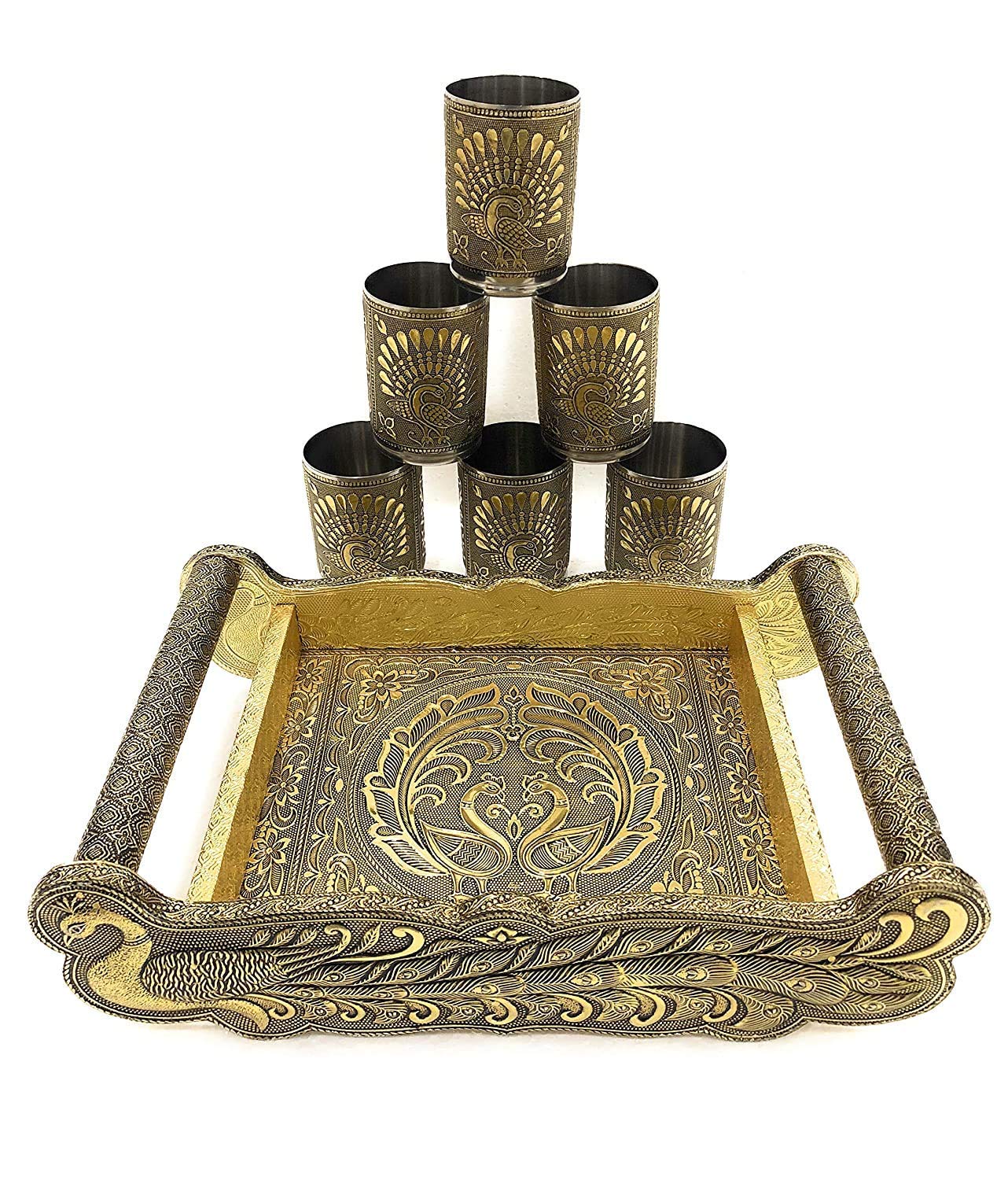 Indian Collectible - Juego de 6 bandejas de madera oxidadas para servir y 6 bandejas de cristal, de Handicraft Rajwadi Meenakari