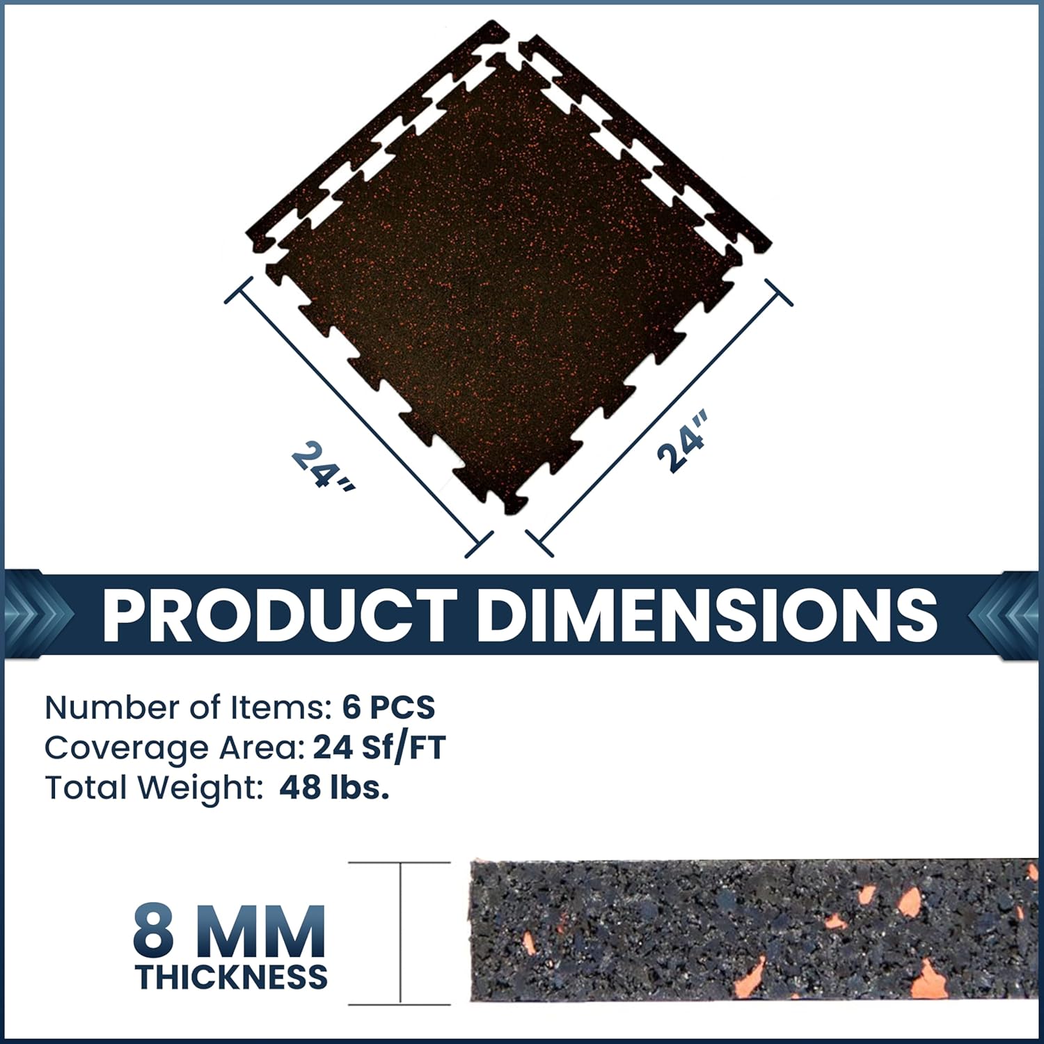 Flooring Inc's 1/4" & 8mm Eco-Lock Interlocking Rubber Floor Tiles – Recycled Gym Flooring for Home Gyms, Garages, and Workouts, 24” x 24” (Blue, 8mm - 6 Tile Pack)