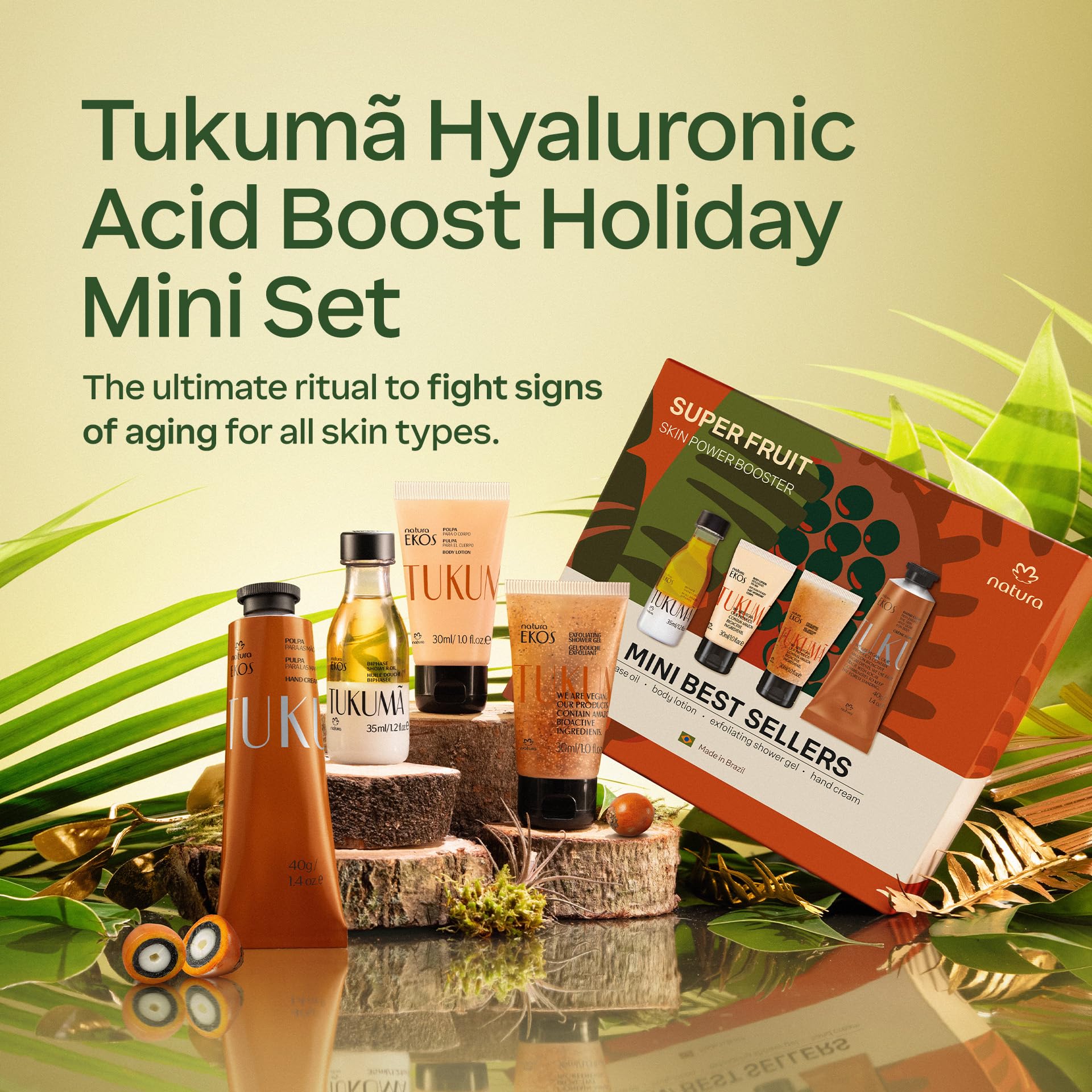 natura – Tukumã Hyaluronic Acid Boosting Brazilian Set (4 Travel Size Products) - Exfoliating Shower Gel, Biphase Shower Oil, Body Lotion and Hand Cream- Anti-Aging - Vegan Skin Care