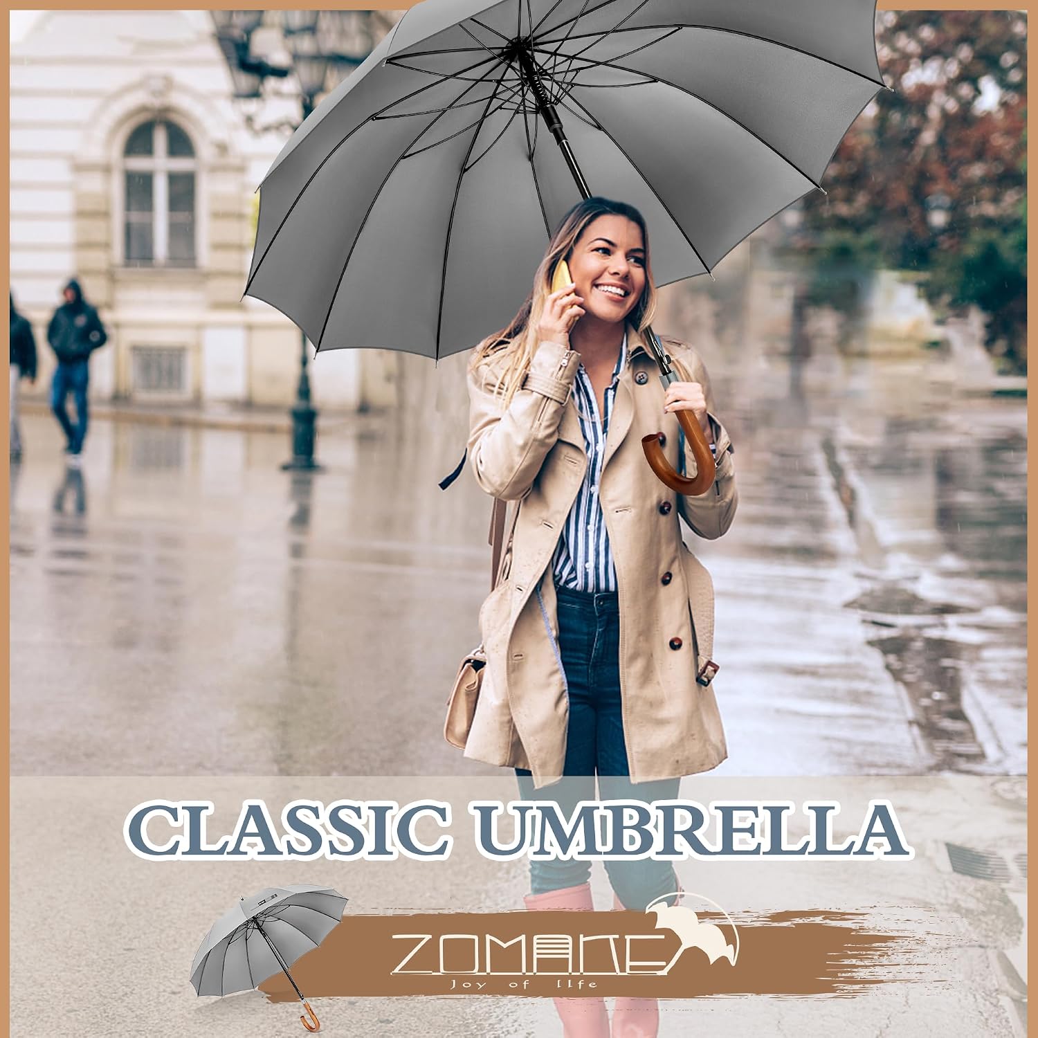 ZOMAKE Large Stick Umbrella With Wood Hook Handle 55 Inch, Automatic Open Classic Golf Umbrellas Windproof 12 Ribs With J Hook for Men Women