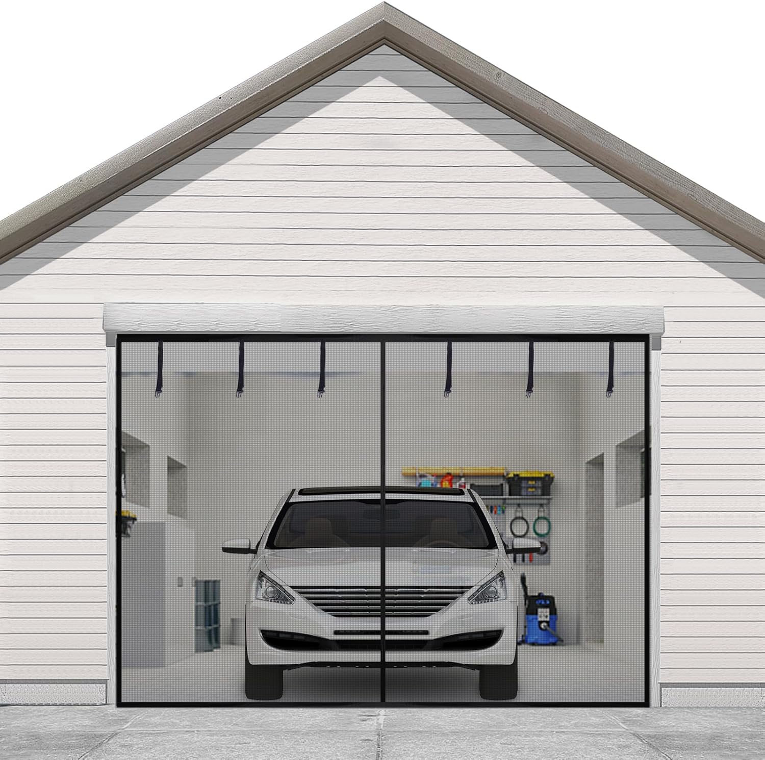 Sunolga Magnetic Garage Door Screen for 1 Car 10x10 FT, Reinforced Polyester Magnetic Screen Door with 26 High Energy Magnets and 6 Strapping Tapes, Hands-Free Screen Door Mesh for Garage Door Black