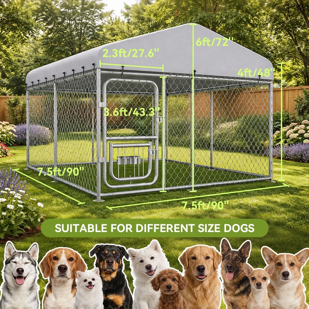 COMHOMA 7.5×7.5FT Outdoor Dog Kennel with Adjustable Bowls Feeder Heavy Duty Extra-Large Dog Enclosure with Roof & Lock All Weather Resistant for Medium Large Dogs