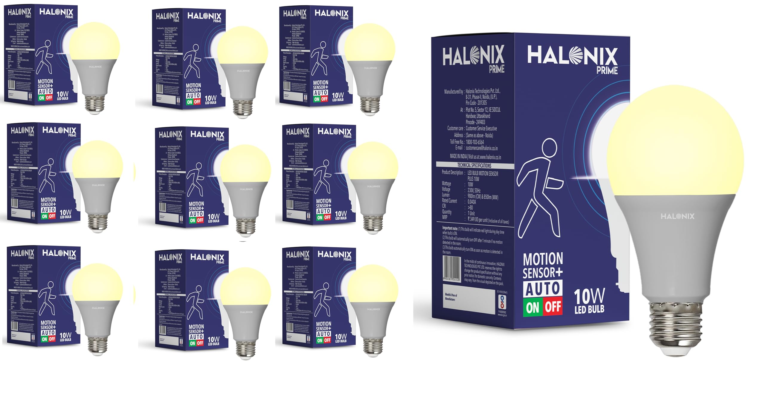 Halonix 10W Motion Sensor Led bulb | Color-Warm White Yellow | Auto on- Auto Off light | Motion sensor light | Pack of 10 | Base-E27 Screw Type | Covers Upto 15 Feet Area|