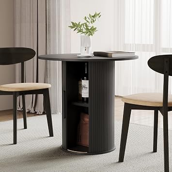 31.5" Round Dining Table for 2-4, Modern Kitchen Table with 2-Tier Storage Shelf, Small Wooden Circle Dining Tables with Fluted Base for Home Dining Room Living Room Black