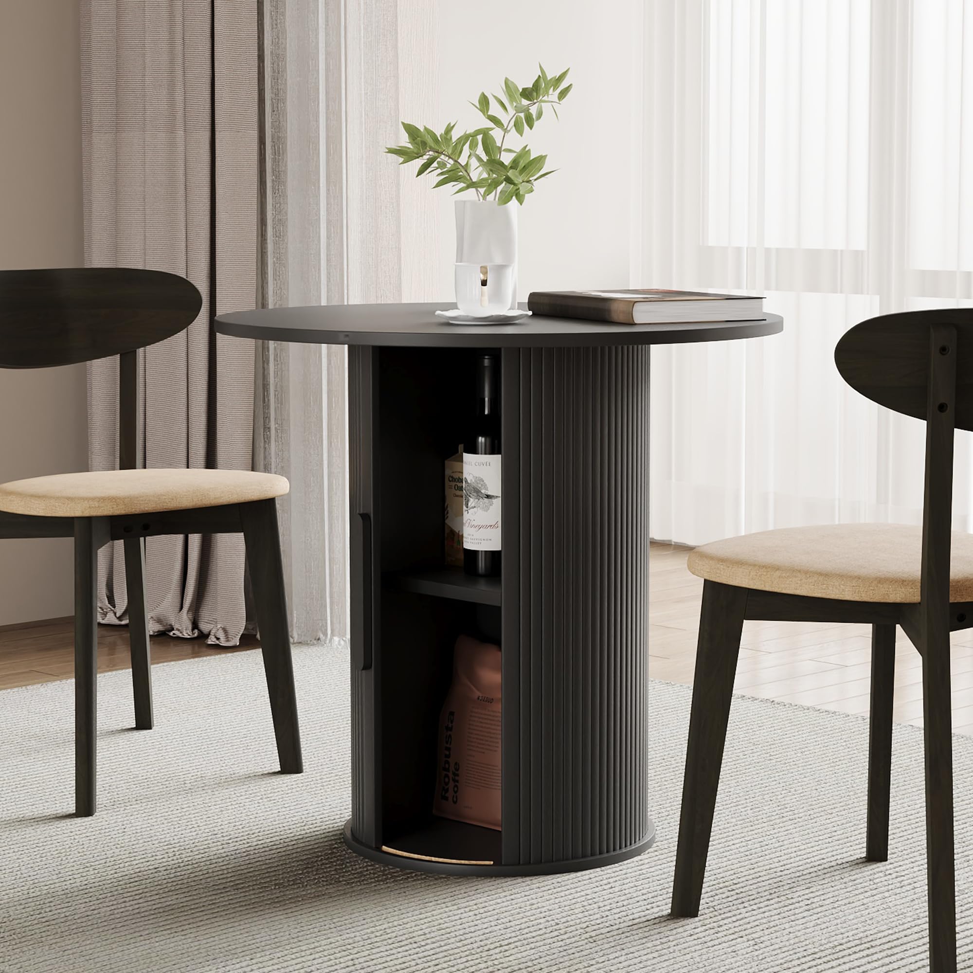 31.5" round dining table for 2-4, modern kitchen table with 2-tier storage shelf, small wooden circle dining tables with fluted base for home dining room living room (black)