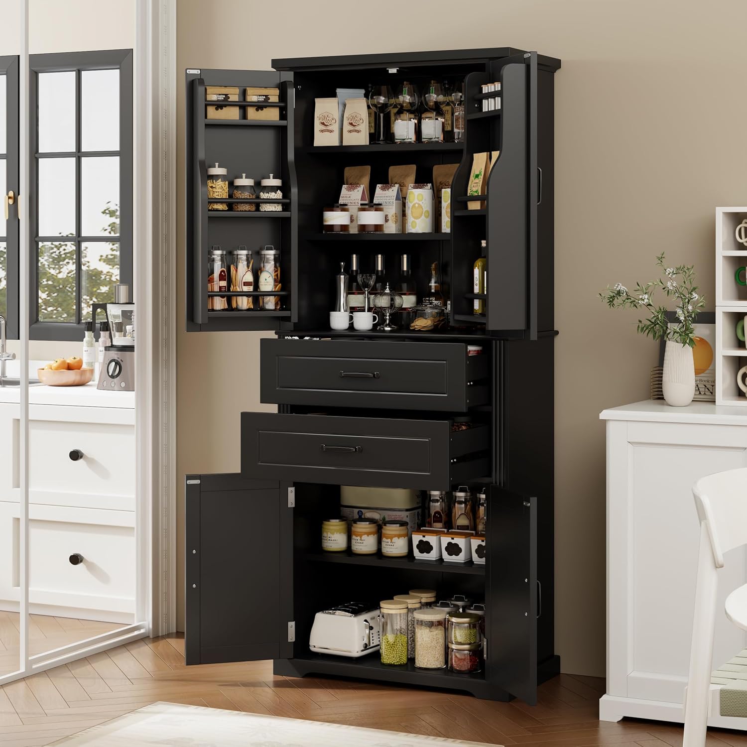 Merax Wood Storage Cabinets with 2 Drawers & 4 Doors, Tall Versatile Storage Organizer for Cupboard/Dining Room/Bathroom/Living Room/Home Office/Laundry Room, Adjustable Shelf, Black