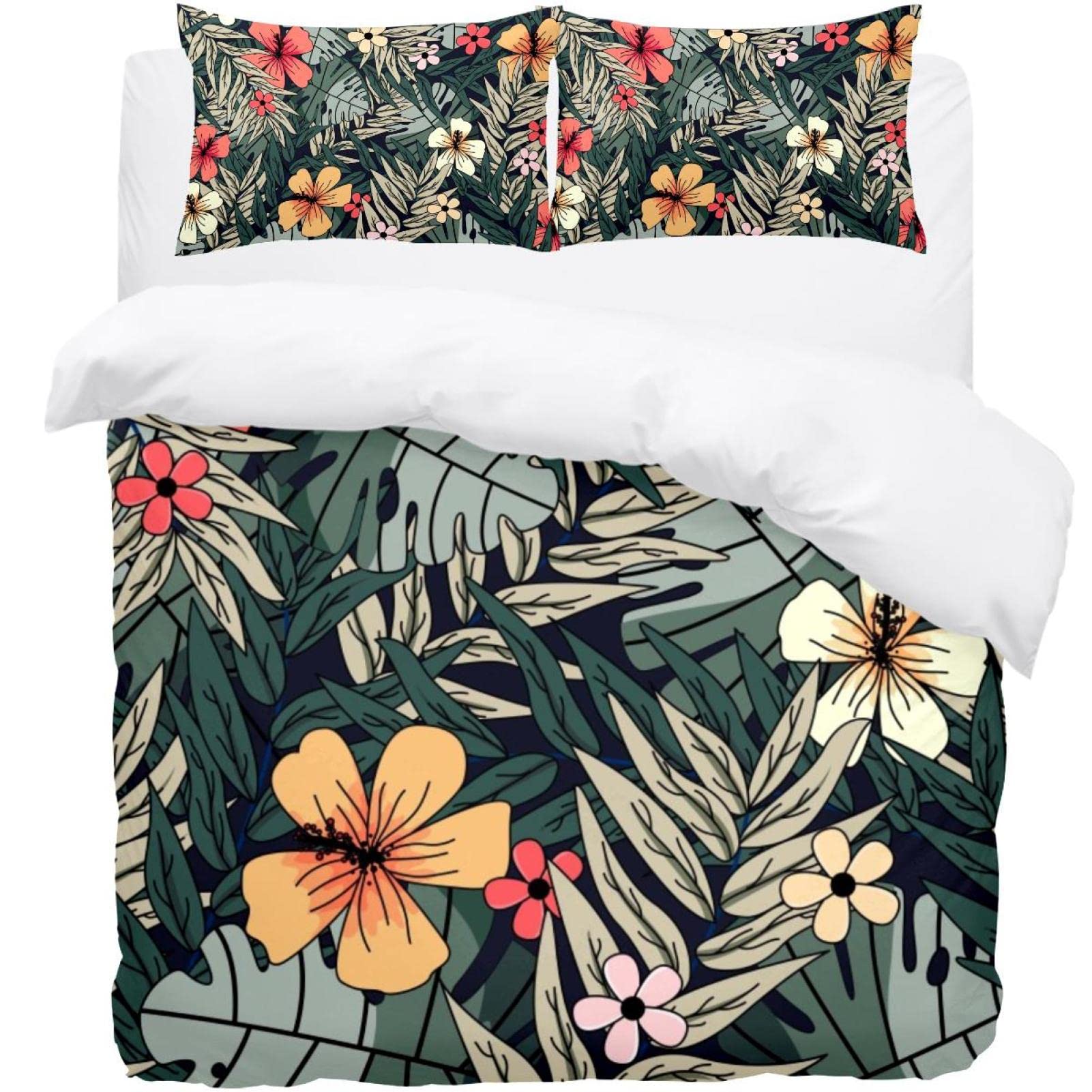 Housse de couette tropicale verte avec 2 taies d'oreiller pour lit double et King size