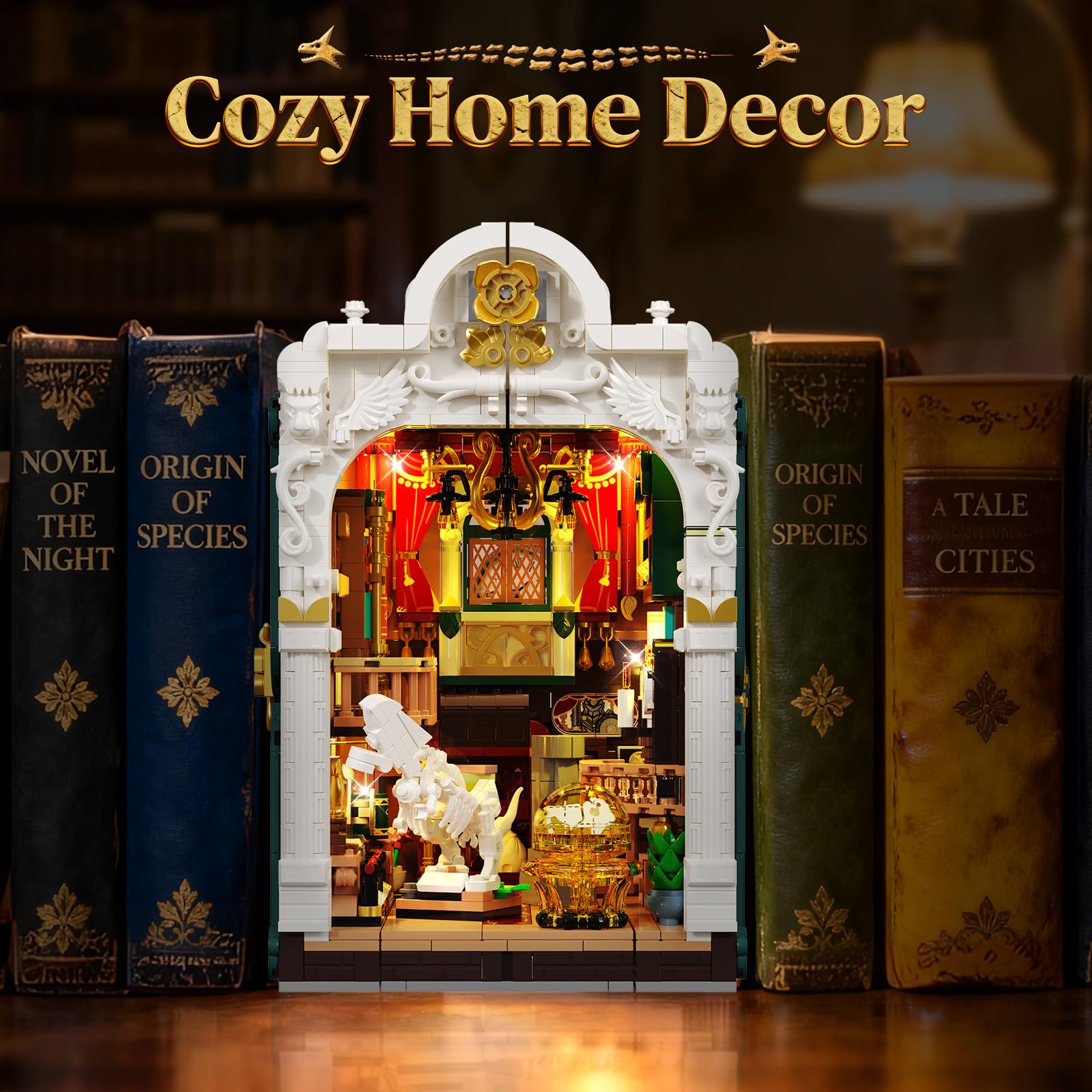 INSOON Dinosauriermuseum Book Nook Bauspielzeugset für Erwachsene mit Licht | DIY Booknook Klemmbausteine Baustein Set Haus Dekor, 1500 Stück Miniatur Haus Bauset Geschenk für Kinder Mädchen Jungen 12+