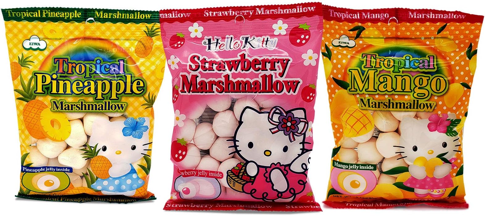 Eiwa Hello Kitty Jelly Marshmallow - Strawberry, Mango, Pineapple - 3-Pack( 3.1-Ounce, Total 9.3) - Japanese Style Marshmallows.