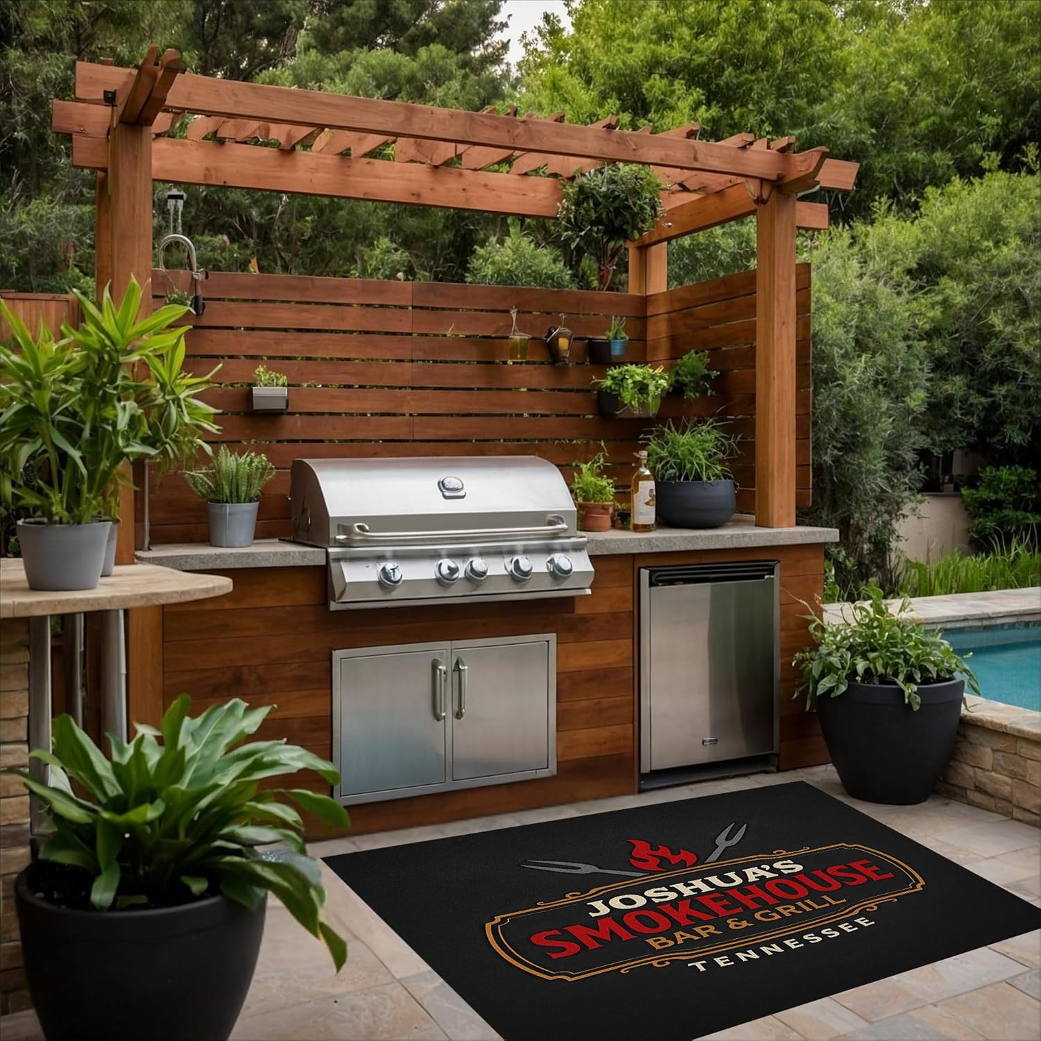 Personalized Smokehouse BBQ Mat – Custom Grill Rug, Funny Backyard Bar & Grill Gift for Dad or Grandpa | Thin Low-Pile Under Grill Mat for Outdoor Kitchen, Custom BBQ Mats for Outdoor Grill