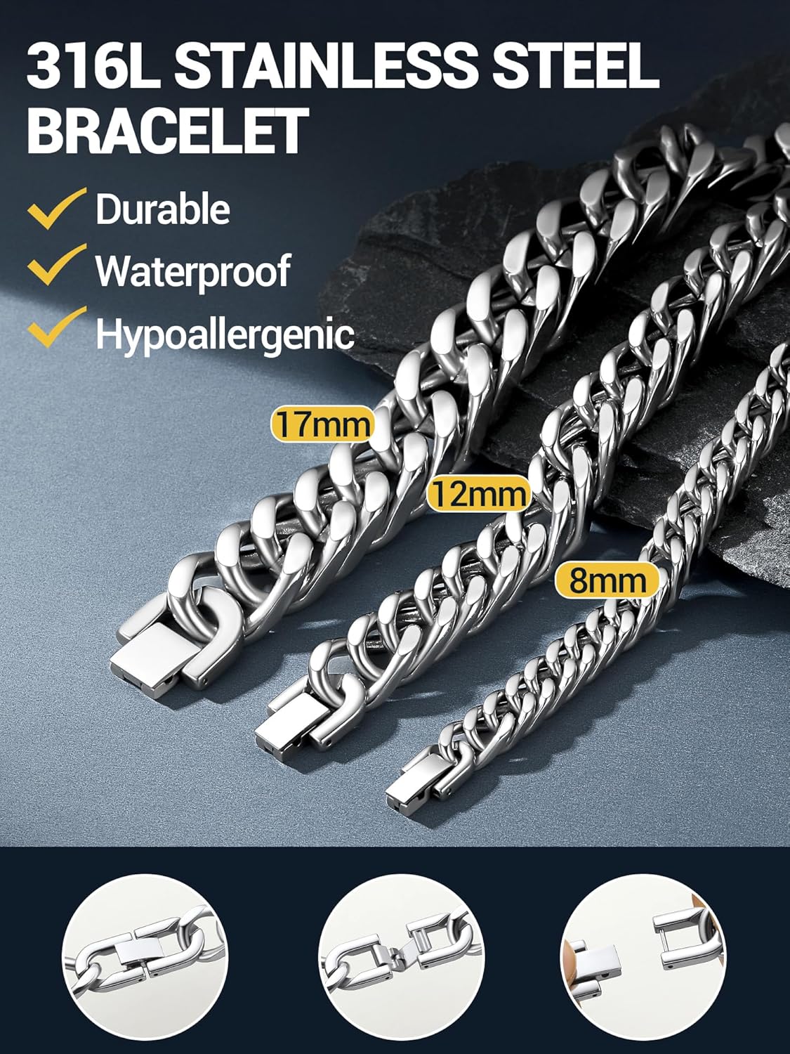 PROSTEEL Stainless Steel Franco Chain Bracelet, Trendy Chunky Bracelets for Men Women, Black/18K Gold Plated, W: 8mm/12mm/17mm, L: 7.5"/8.3"/9", Come Box - Image 5