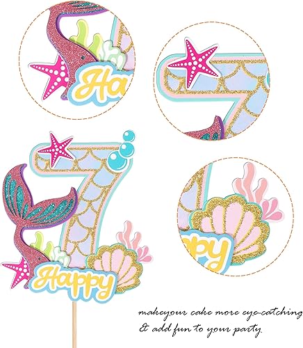 Miniatura 3 de 1 paquete de decoración de pastel de sirena para cumpleaños de 7 años, feliz cumpleaños, océano, criatura del mar, decoración de pastel de sirena