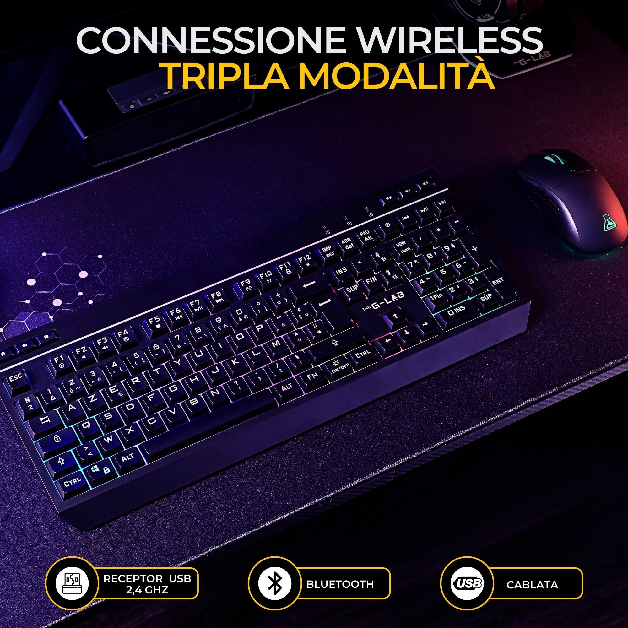 THE G-LAB Combo TUNGSTEN - Tastiera e Mouse Wireless Tripla Connessione 2.4GHz / Bluetooth/USB - Tastiera Gaming ITALIANA, RGB e Macro Custom - Mouse Gaming Wireless 6400 DPI - PC / PS4 / PS5 / XBOX