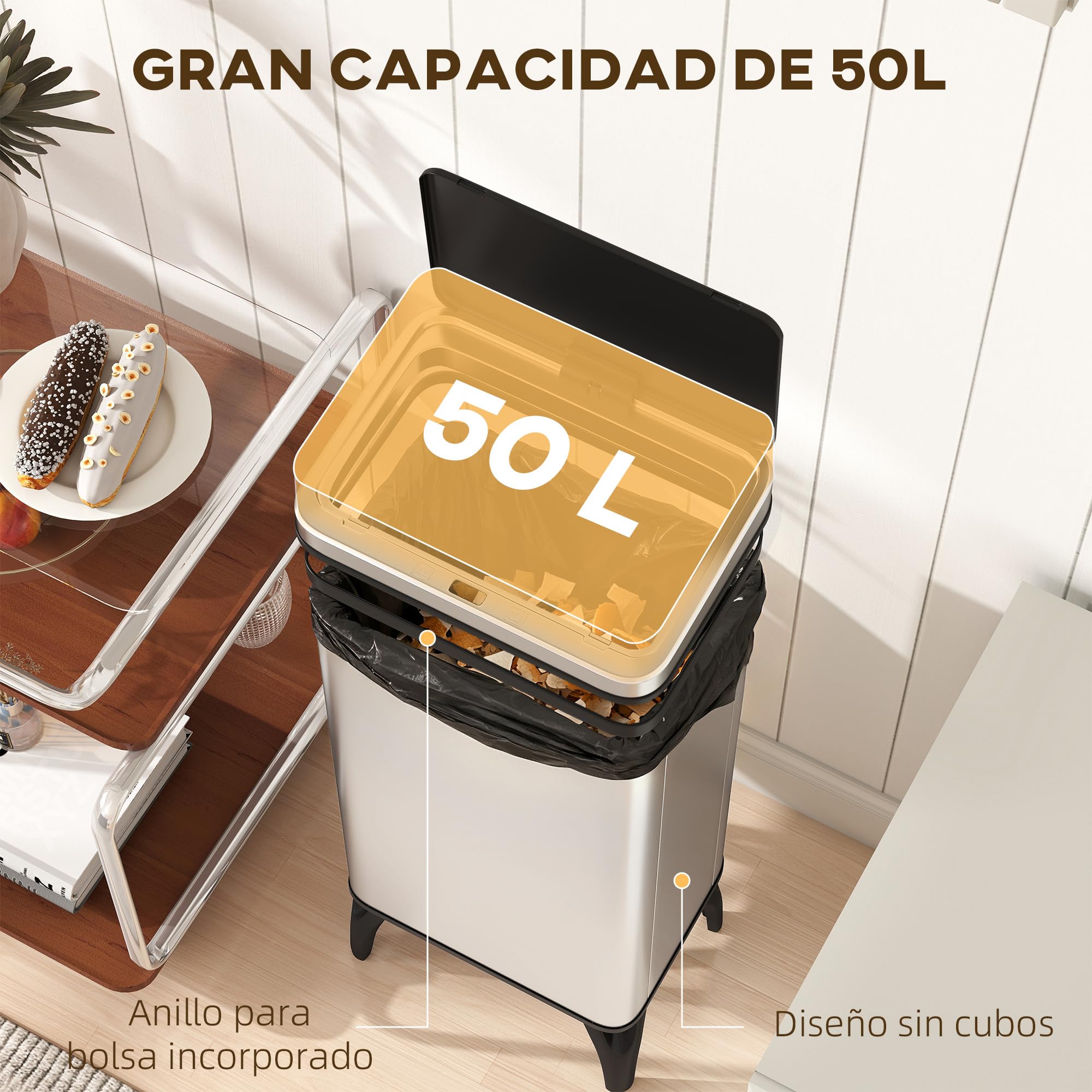 HOMCOM Cubo de Basura Cocina Automático 50 L con Sensor Infrarrojo Plata | Papelera de Cocina de Acero Inoxidable, Cierre Suave, Patas, Anillo de Retención, Antihuellas, para Oficina, Hogar