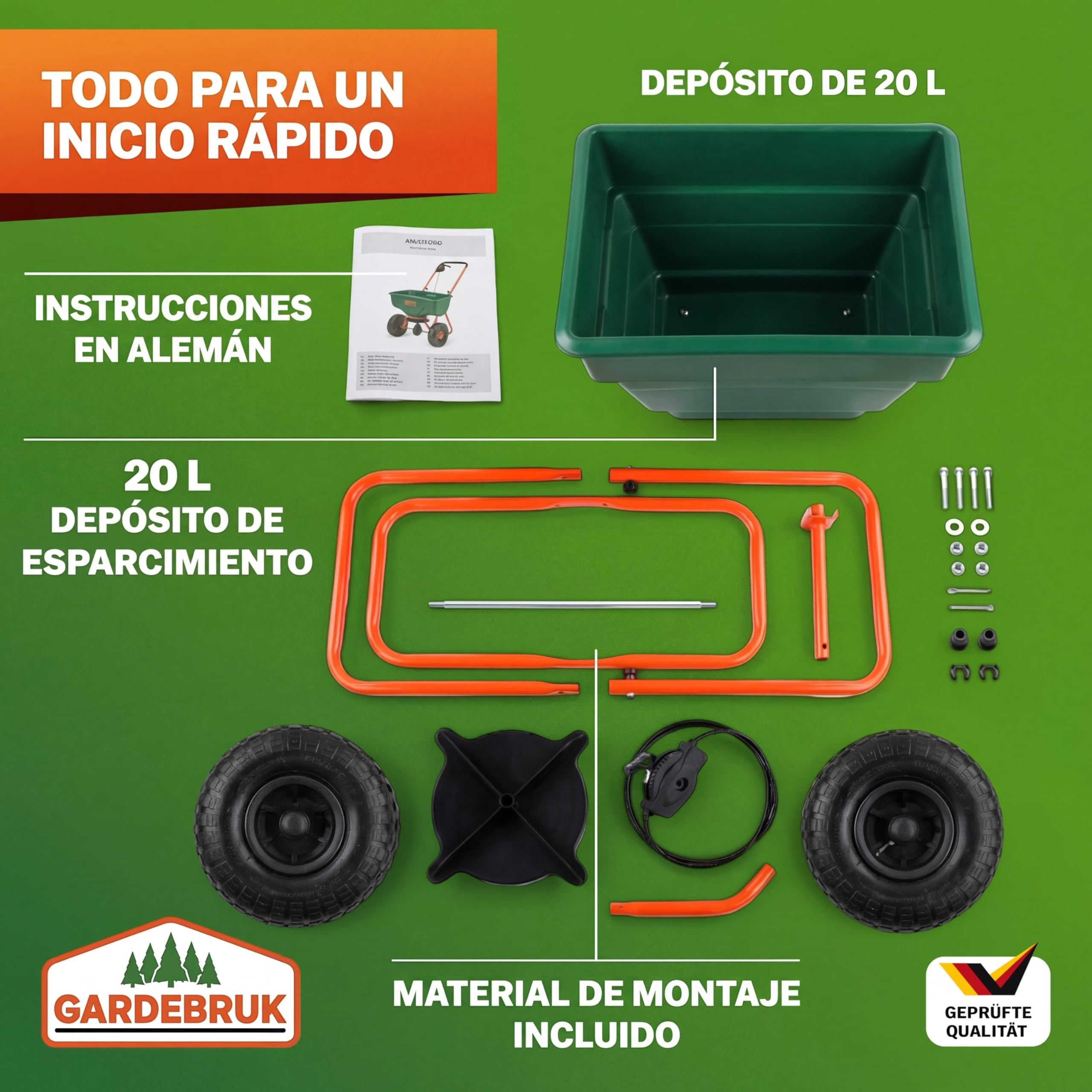GARDEBRUK® Esparcidor 20L Capacidad Carga 25Kg Neumáticos Grandes Ø25 Todoterreno Abonadora Manual Sembradora Césped Esparcimiento Semillas Abono Sal Distribución Regulable