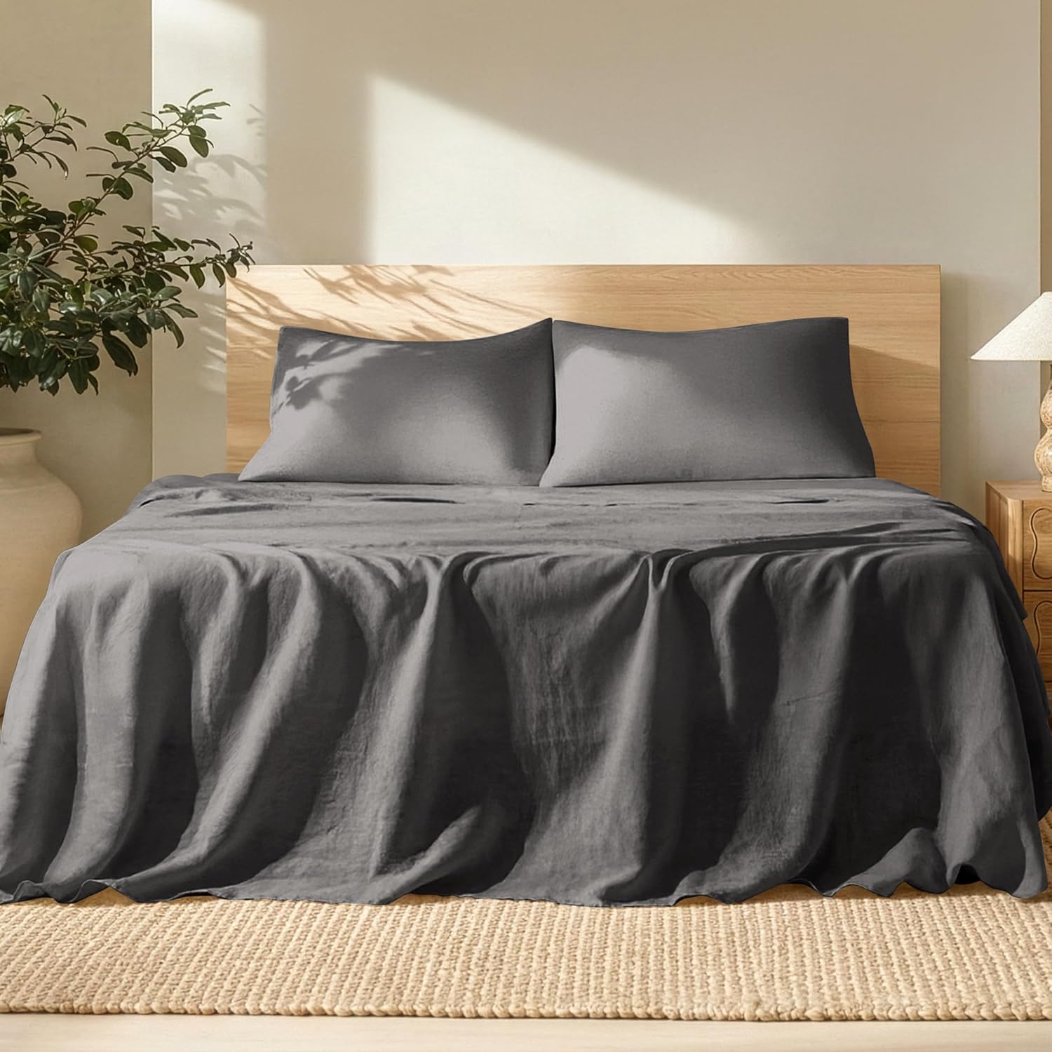 Bare Home King Sheet Set - Luxury 100% European Linen - Deep Pockets - Easy Fit - 4 Piece Set - Bedding Sheets & Pillowcases (King, Dark Grey)