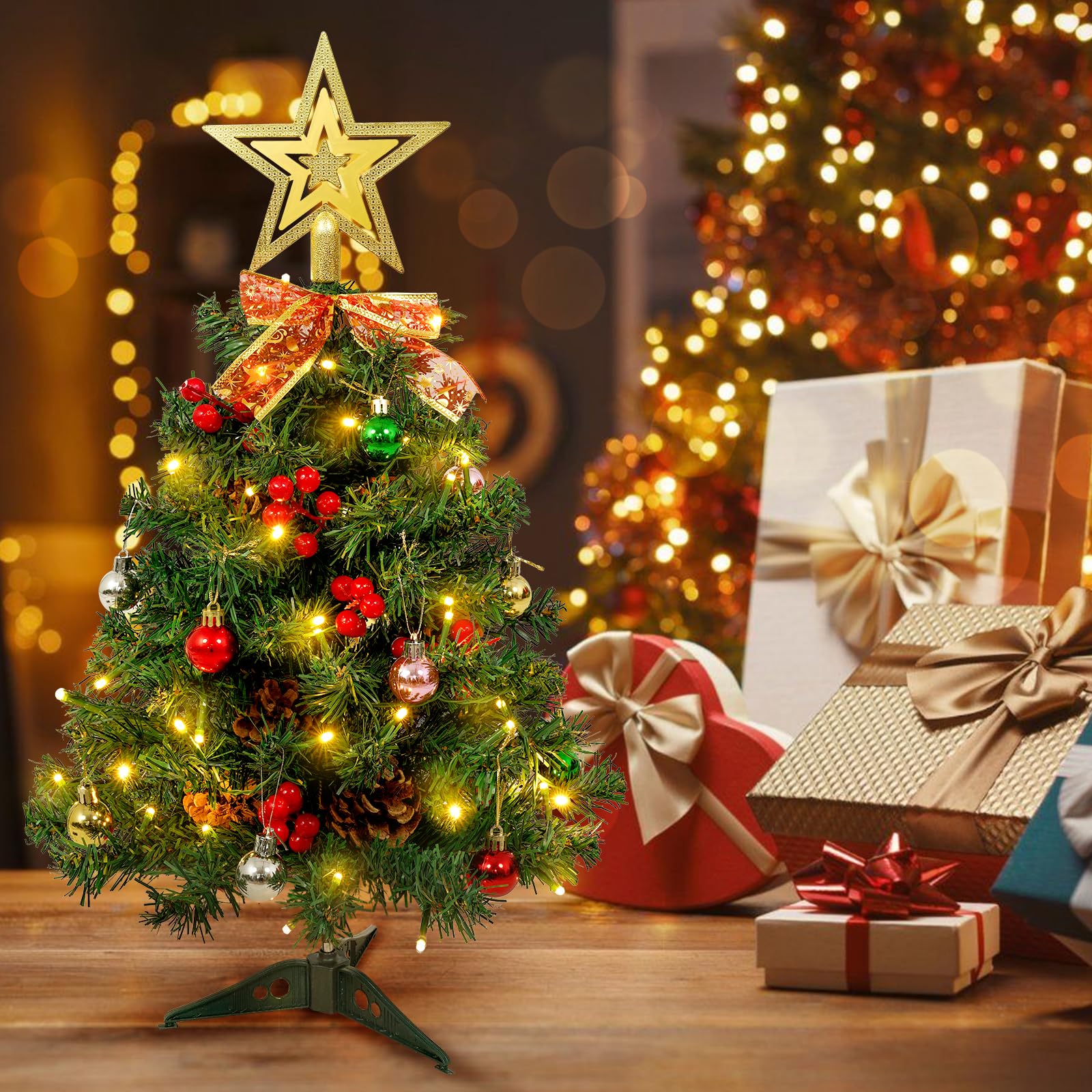 AGM Mini Christmas Tree 2ft, 60cm Prelit Tabletop Christmas Tree with Tree Topper Star and Tree Skirt, for Christmas Home Kitchen Dining Table Decor