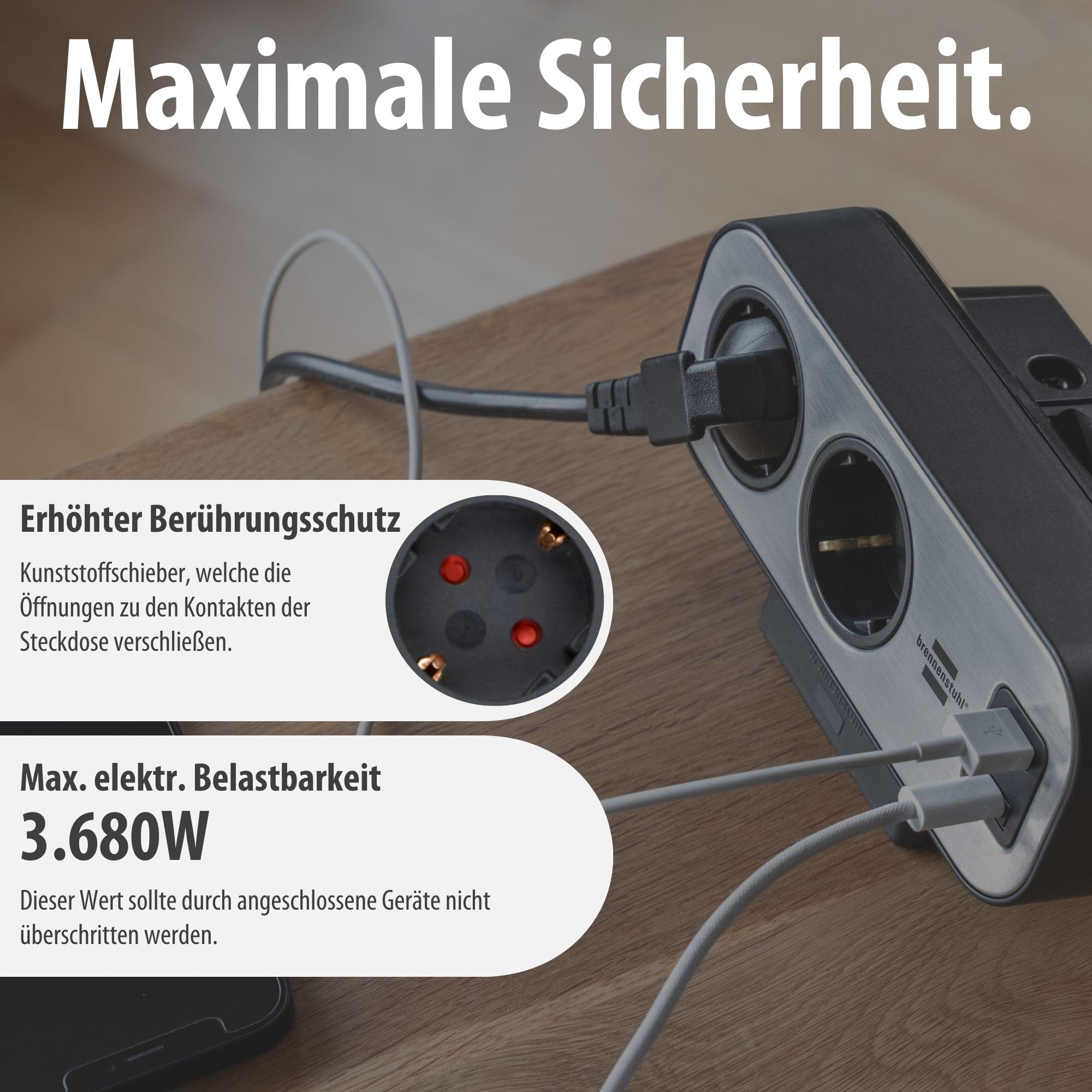 brennenstuhl®Estilo Duplex Tischsteckdosenleiste 10-Fach mit Schalter | Steckdosenleiste mit USB C Power Delivery, 1x USB C und 1x USB A, 10x Schutzkontakt-Steckdosen, 2m, silber/schwarz
