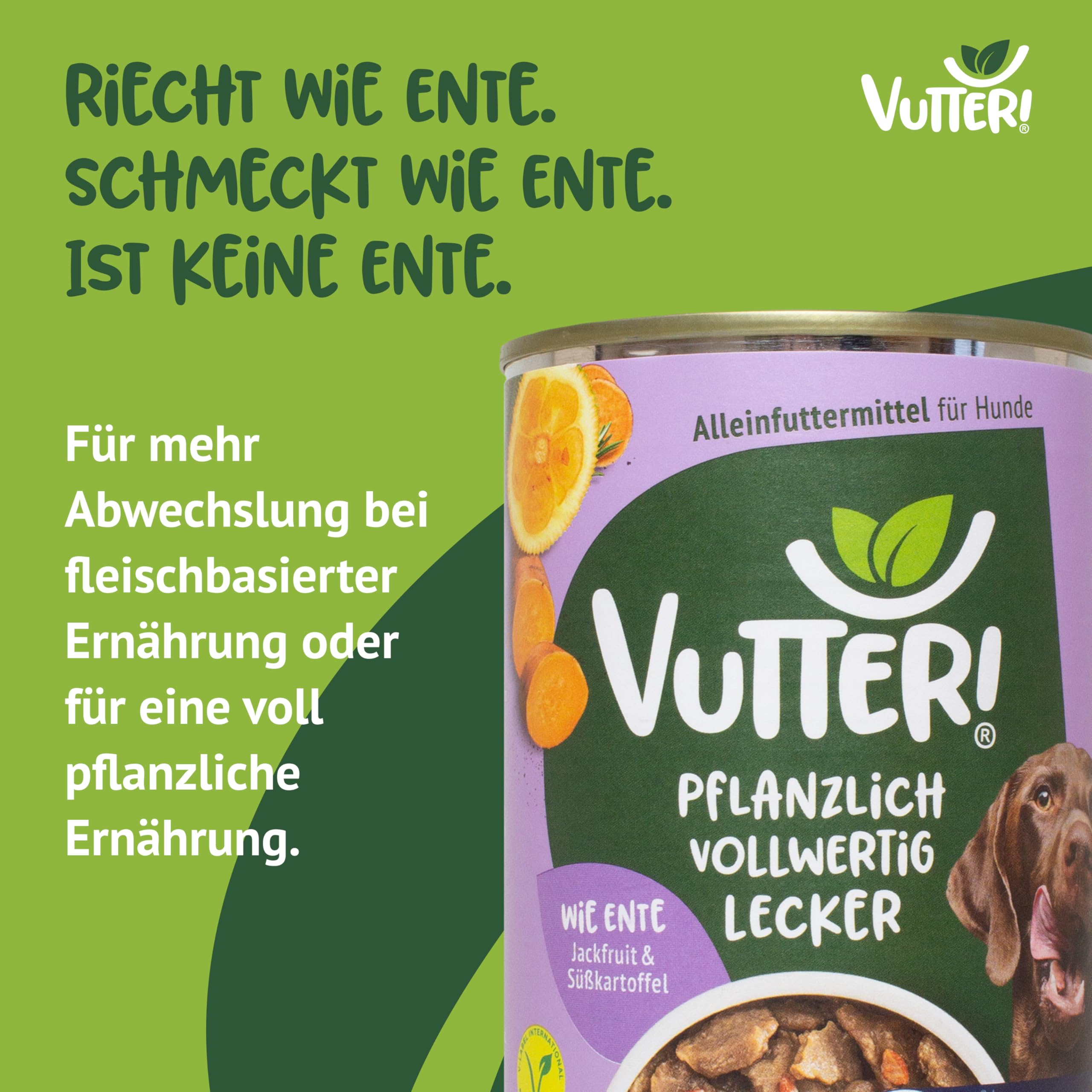 VUTTER Nassfutter Wie Ente, 24x400 g: Hundefutter Vegan - Alleinfutter für Hunde - Fleischähnlich für hohe Akzeptanz - Sojaprotein für Muskeln, Zink für Haut & Fell, Kalzium für Zähne & Knochen