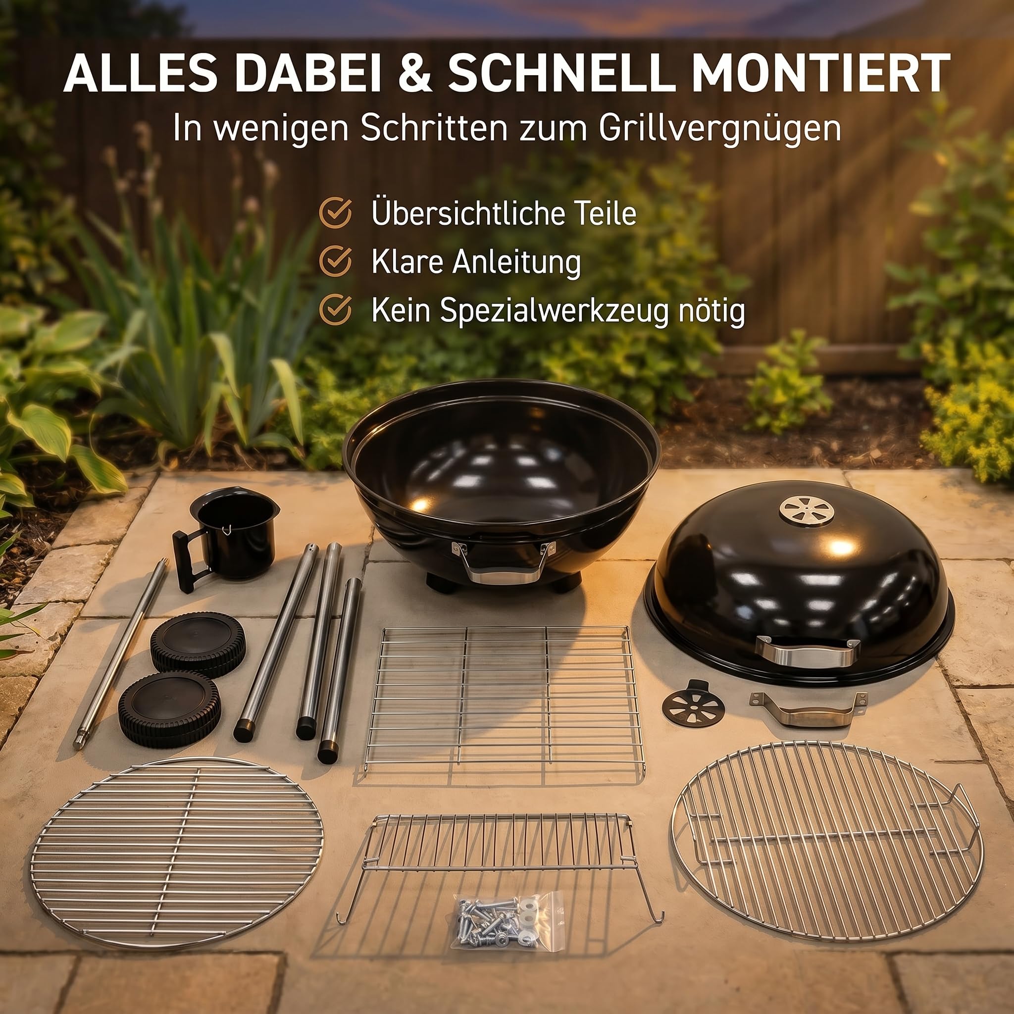 Kugelgrill 54 cm Holzkohlegrill mit Deckel & Thermo-Luftregulierung – Große Grillfläche Ø54 cm – Mobiler BBQ Grill mit Aschebehälter & Ablage – Holzkohle Standgrill für Garten & Terrasse