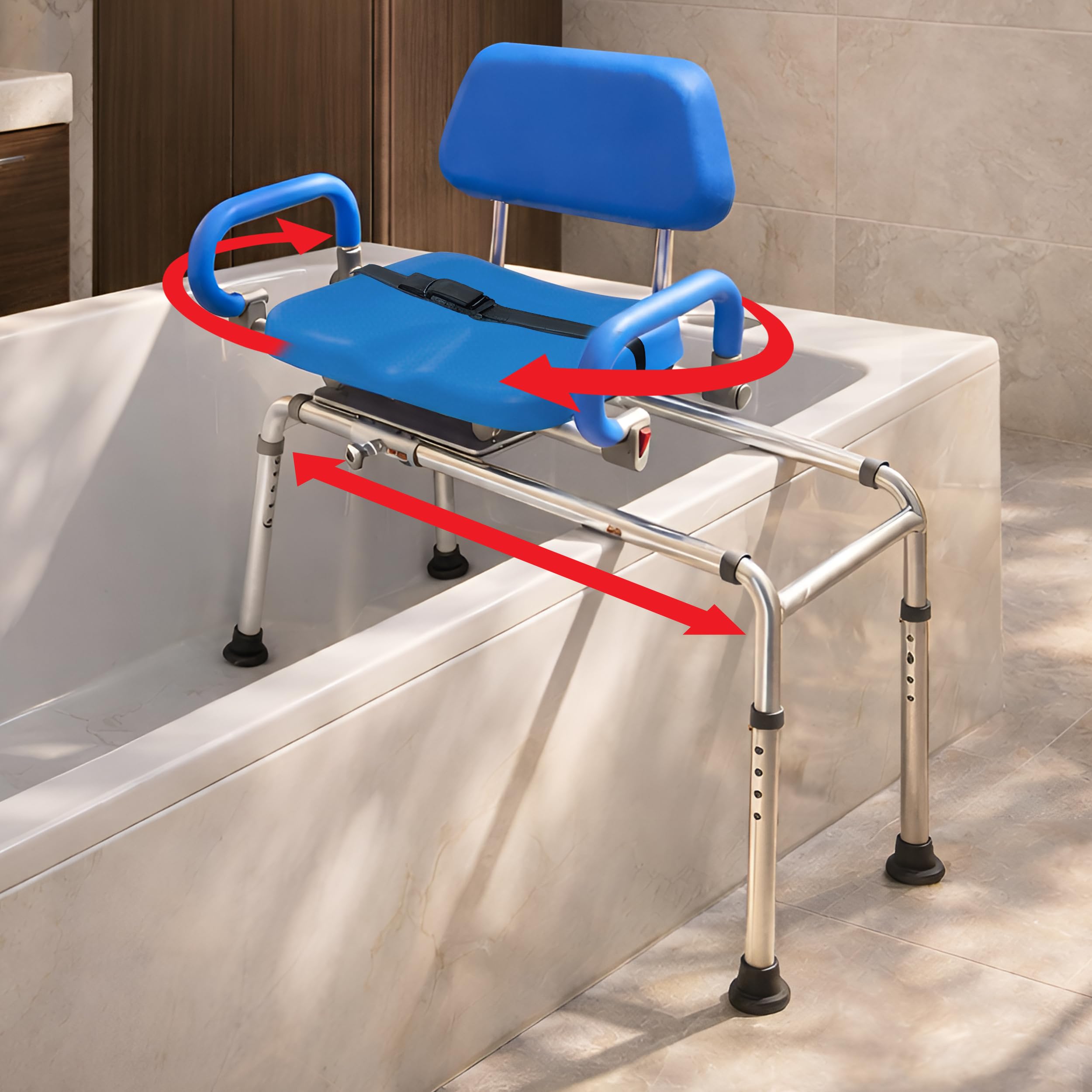 Carousel Sliding Shower Chair Tub Transfer Bench with Swivel Seat, Premium Padded, Pivoting Arms, Adjustable Space Saving Design for Tubs, Inside Shower, for Handicap & Seniors, Blue